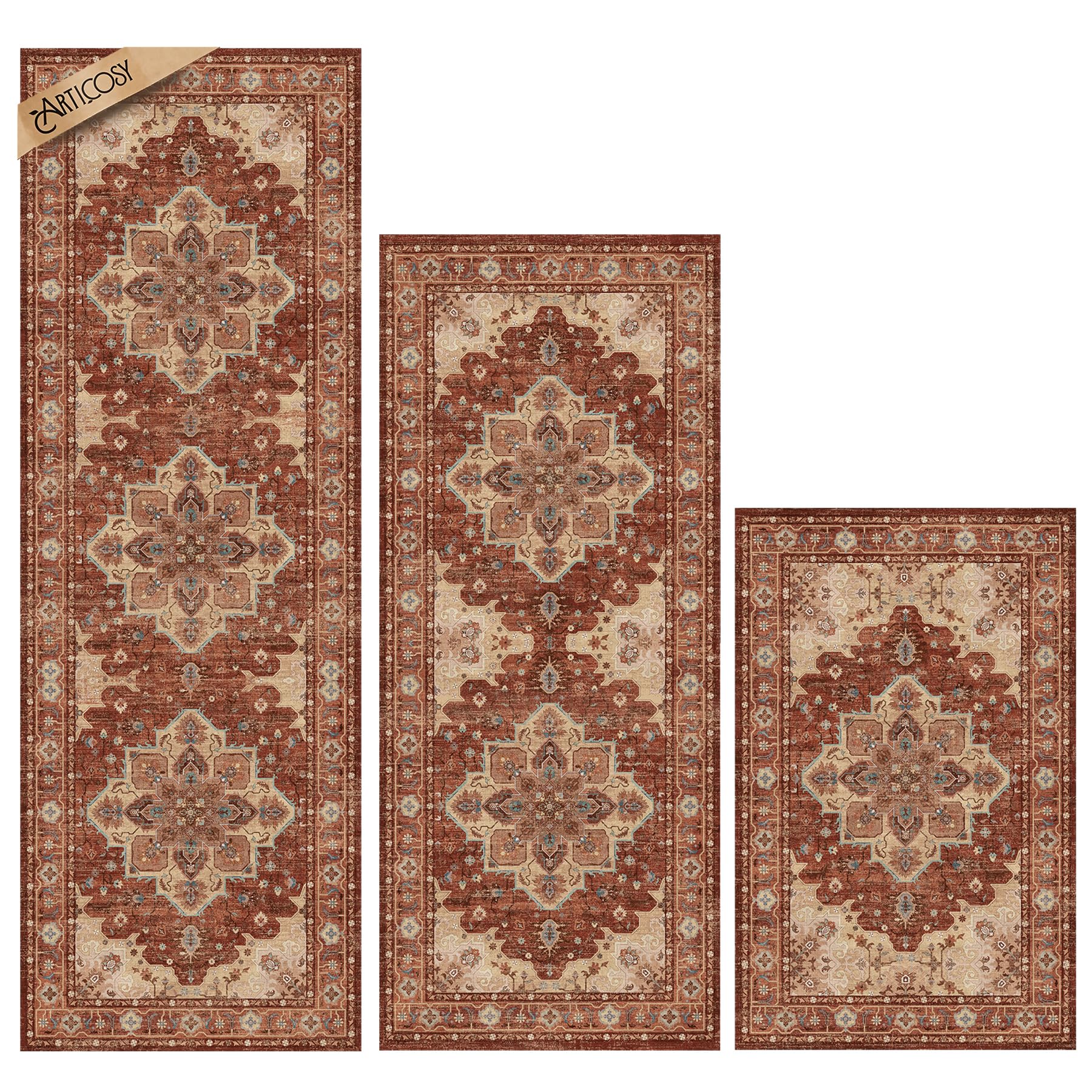 Photo 1 of 3 Piece Kitchen Rugs Sets with Runner, Washable Non Slip Soft Boho Kitchen Mats, Low Pile Stain Resistant Carpet for Hallway, Laundry Room, Entryway, Home Decor(20"x32"+20"x48"+20"x59", Rust Red)