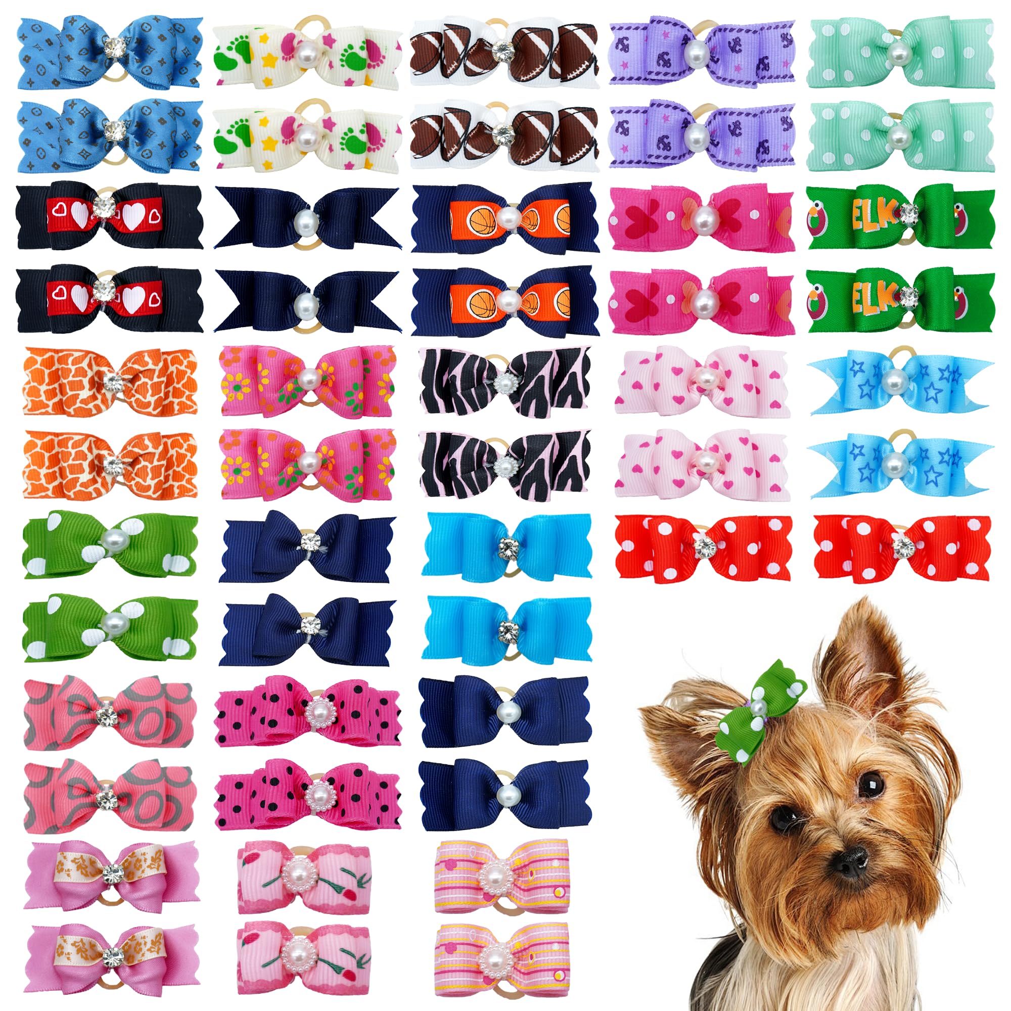 JpGdn 50pcs/(25pairs) Small Dogs Hair Bows Random Pattern with Rhinestone Doggy Hair Bow for Puppy Cat Kitten Rabbit Medium Animals Hair Bowknot