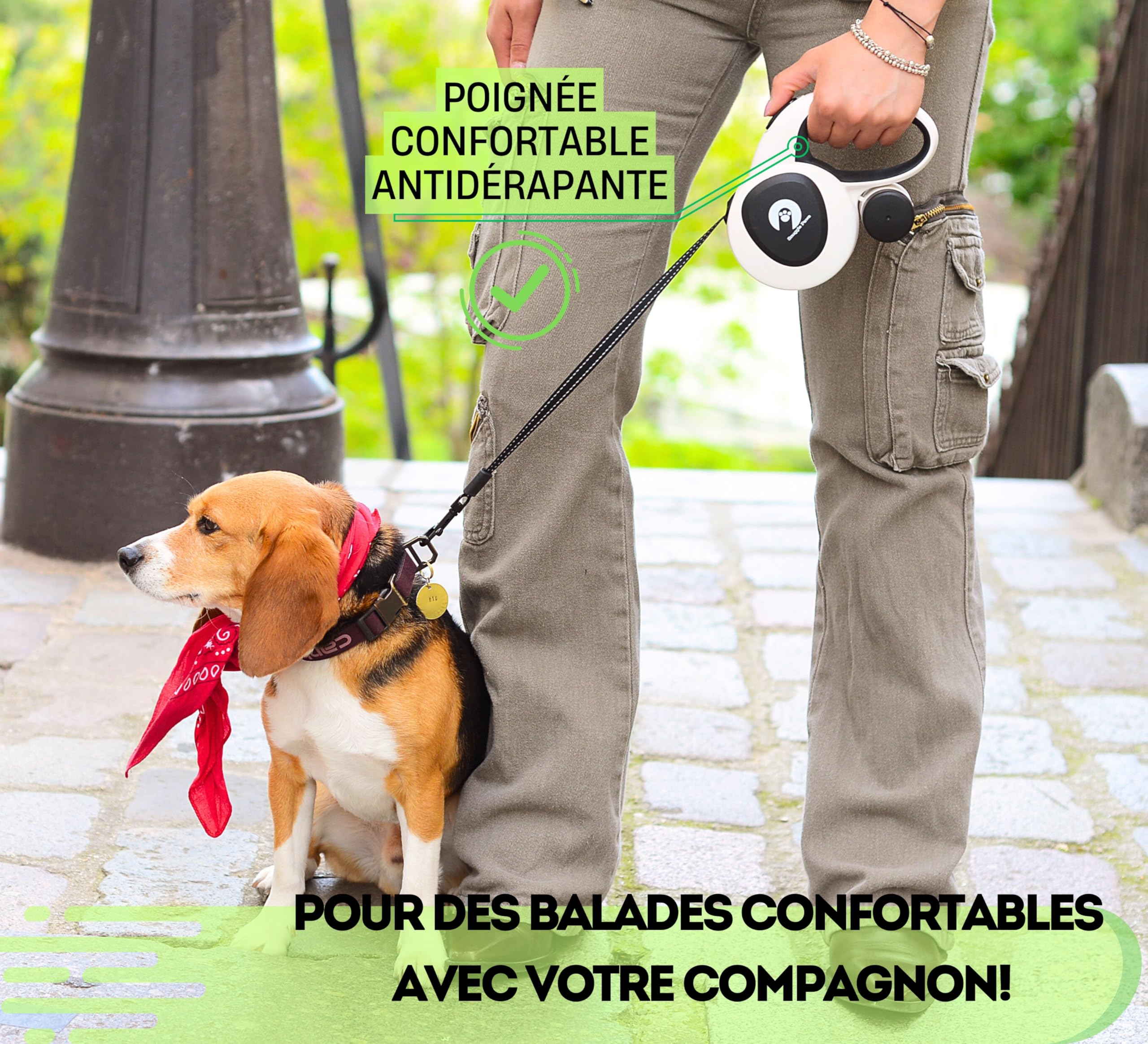 Snuggle Paws Laisse Chien Enrouleur & Rétractable 5m Tout-en-Un : LED Puissante, Distributeur Sacs à Crottes, Câble Anti-Morsure, Bande Réfléchissante | pour Petits Chiens Jusqu’à 20kg