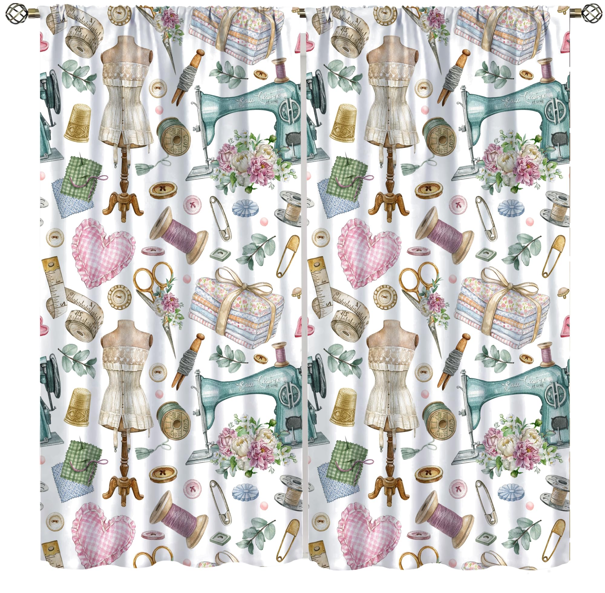 Sewing Theme Window Curtain,Vintage Sewing Machine Tool Watercolor Pattern Print Blackout Curtains for Bedroom Cafe Dining Room Office Living Room Kitchen Drapes, 42x45 in