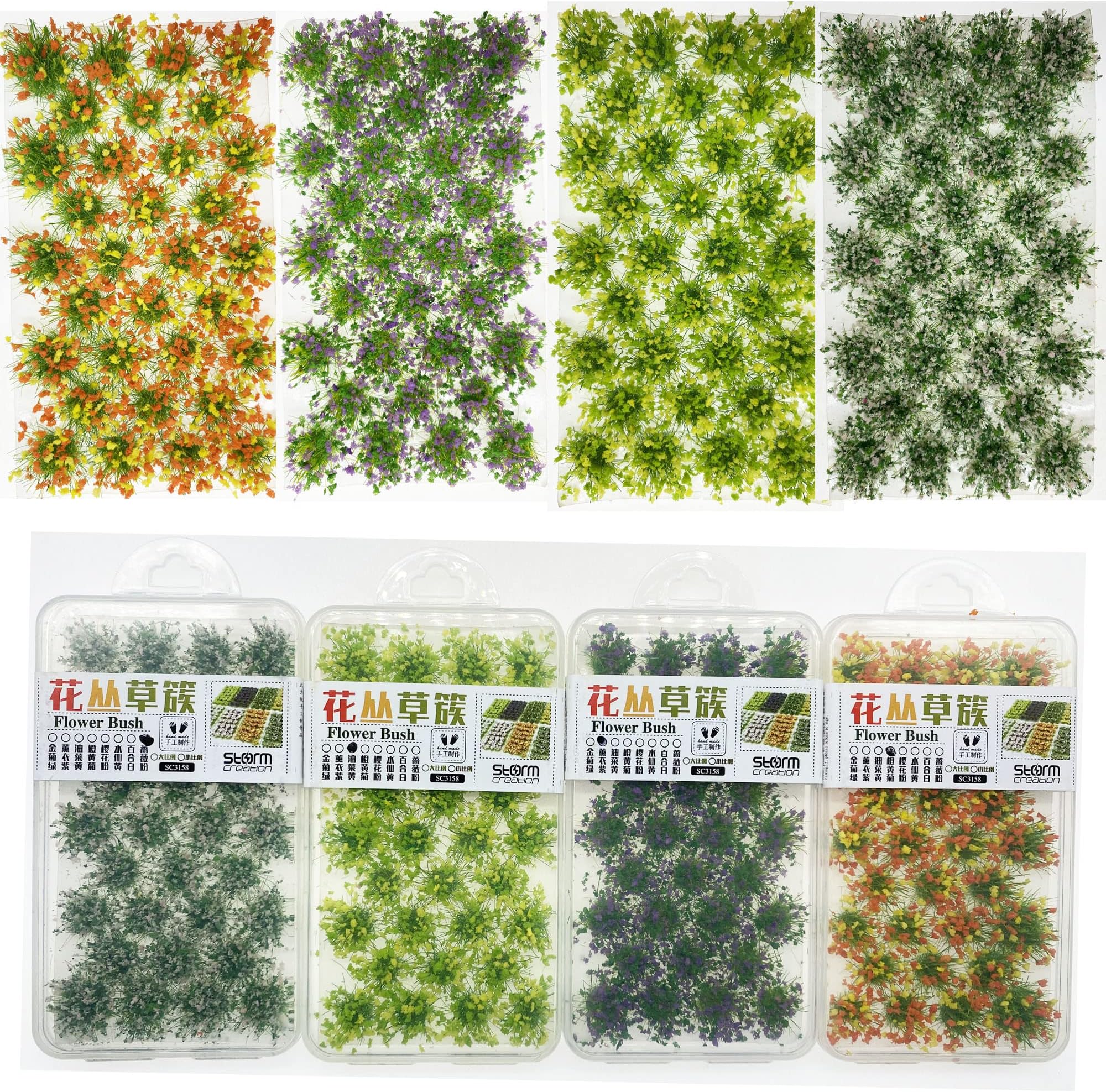 Cayway128 PCS Miniature Colorful Flower Cluster, 4 Color Static Grass Tuft Model Grass Tufts Flower Vegetation Groups Static Grass Tufts for DIY Model Train Landscape Railroad Scenery