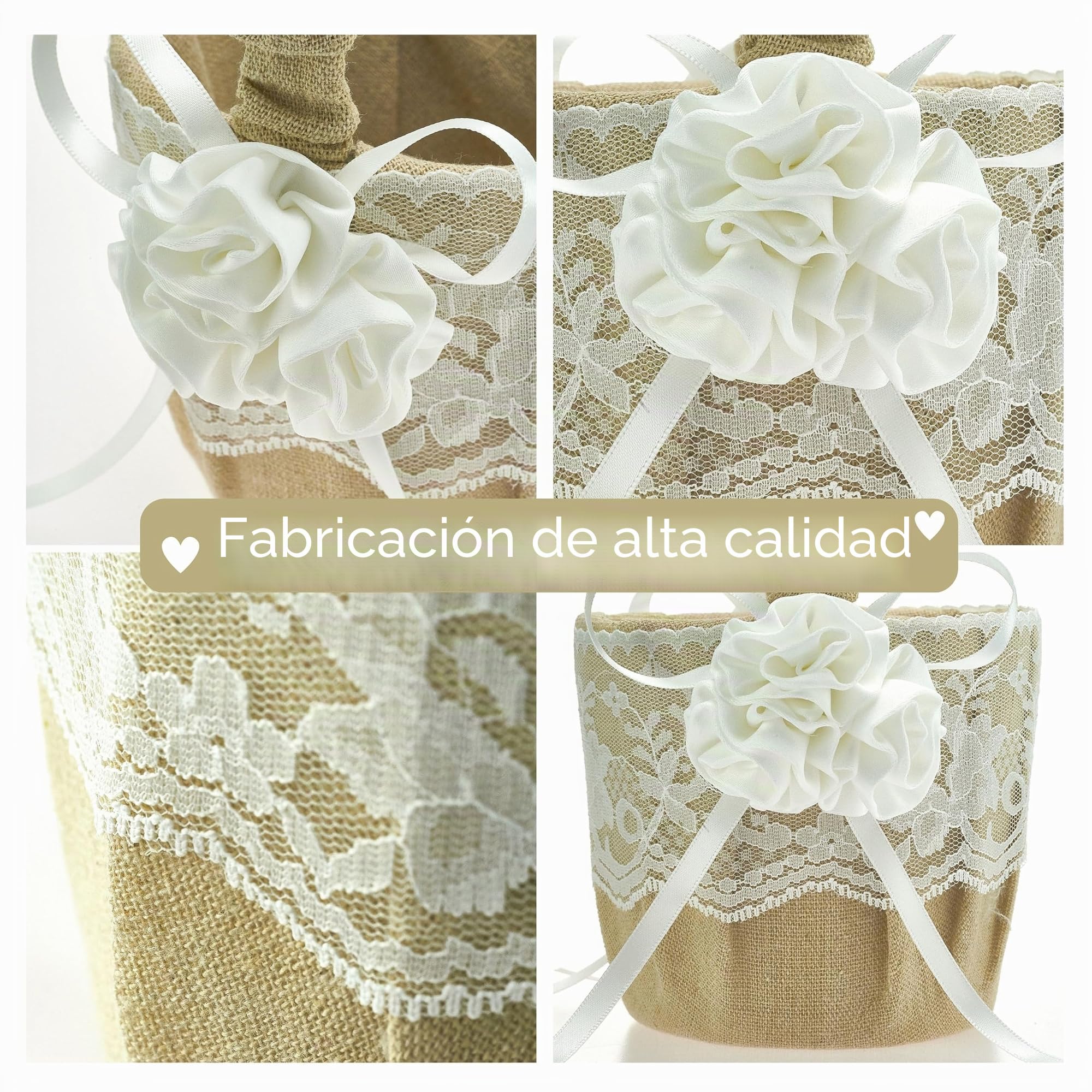 EinsSein Set 2 Cestas de Flores Boda Flor de Yute 17x26x13 cm | Cestas de Mimbre Naturales para Arras Alianzas y Decoración | Porta Anillos Cestitas Regalo Cesto Rústico Boda