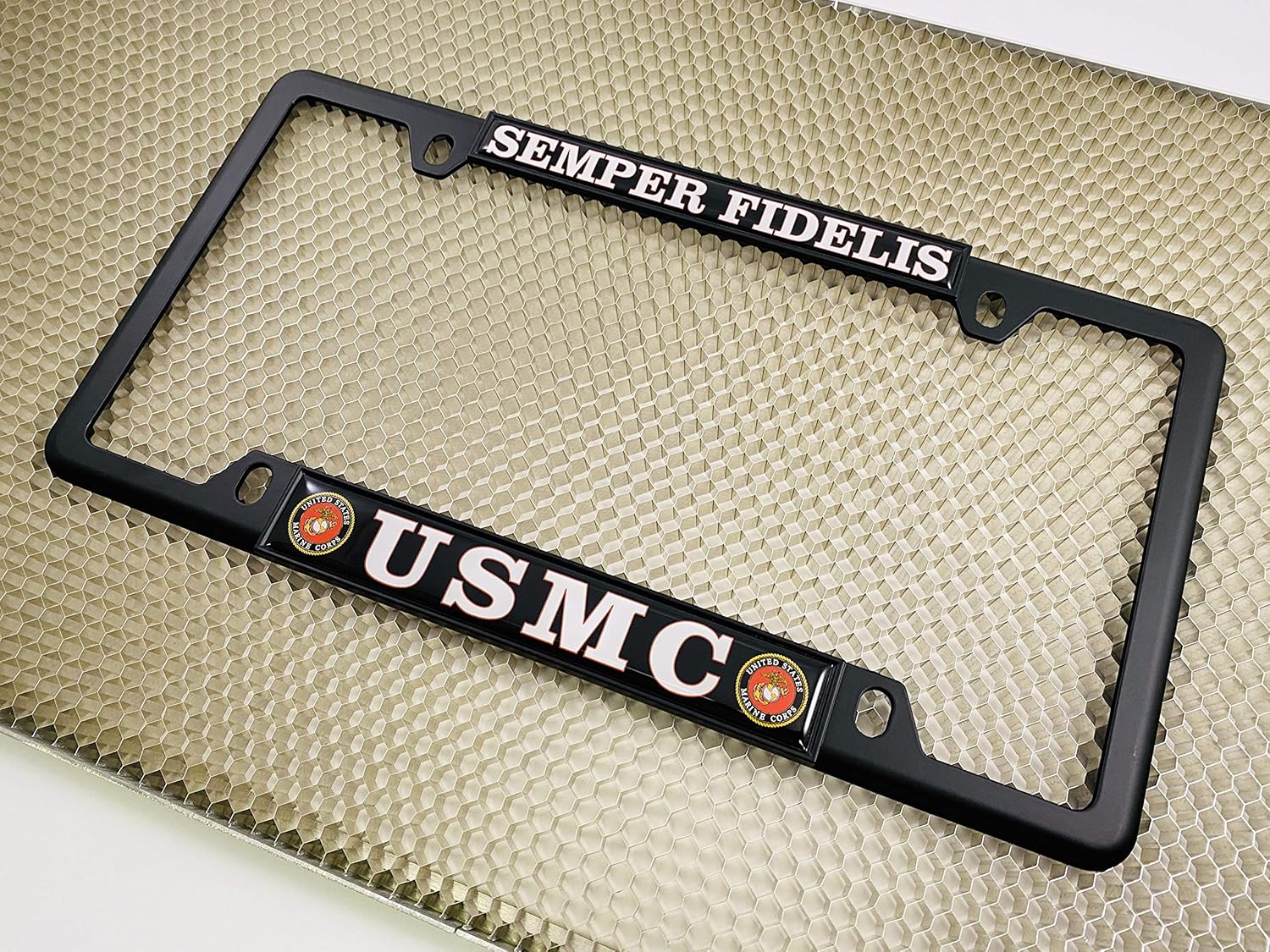 [Officially Licensed US Marine Corps Product] - USMC Semper Fidelis - Domed Custom-Made Personalized Narrow (Thin) Top 4 Hole Metal Car License Plate Frame with Free caps - Black (Qty: 1 Frame)