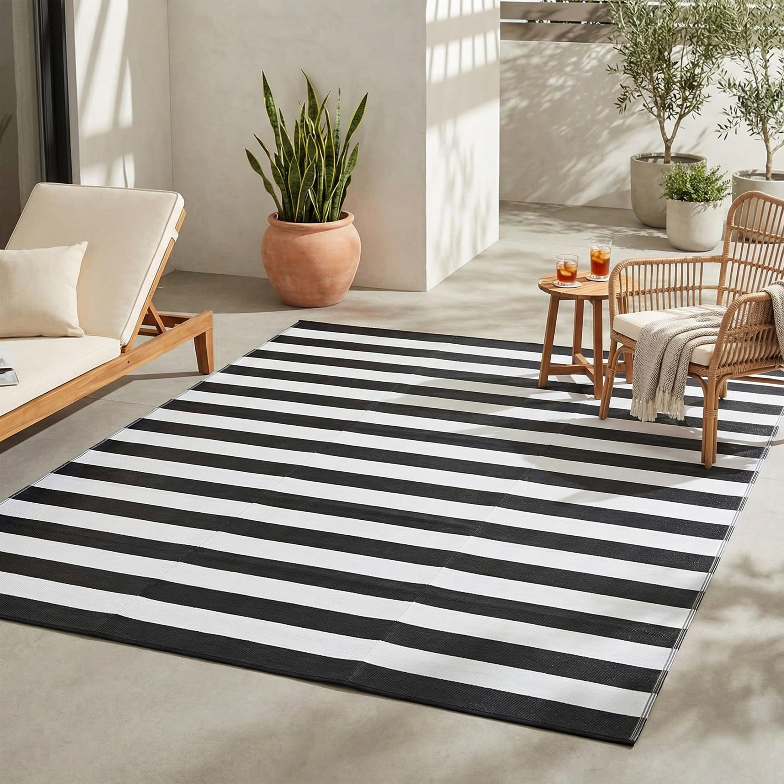 Photo 1 of FH Home Outdoor Camping Rug - Waterproof, Fade Resistant, Reversible - Premium Recycled Plastic - Striped - Large Patio, Deck, Sunroom, RV - Brittany Stripe - Black & White - 9 x 12 ft Foldable