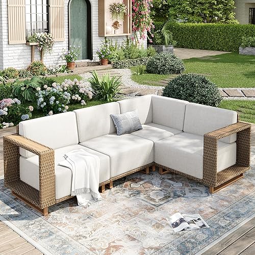 Outdoor Patio Furniture Set, 4 Piece Outdoor Rattan Wicker Modular Sofa Couch Set, Sectional Conversation Set with 10" Extra Thick Cushions for Deck Backyard Lawn