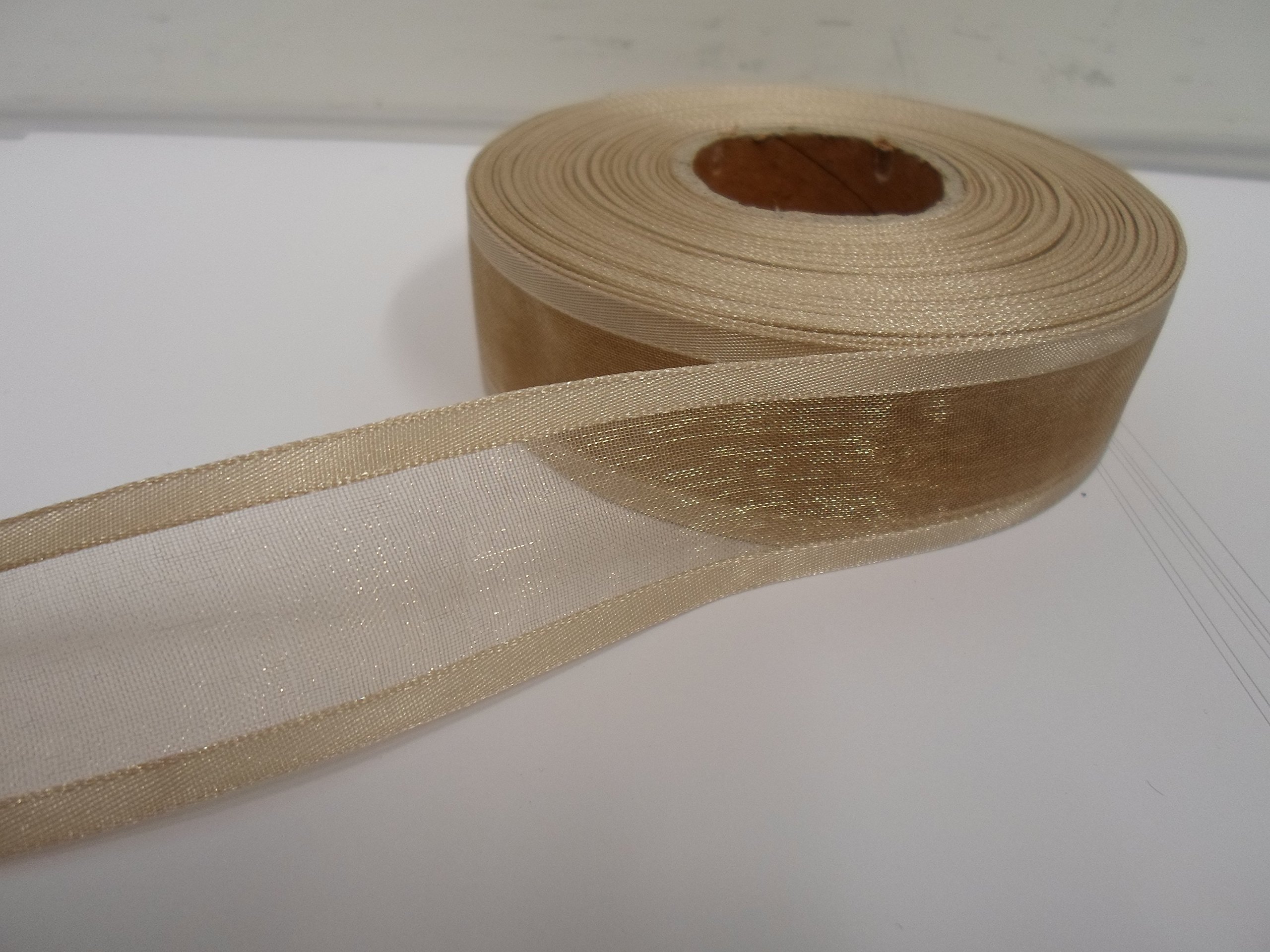 2 metres (Cut from Reel) x 25mm Edged Organza Ribbon Light Gold Double Sided Satin Edge Sheer 25 mm 2.5cm 1" 1 Inch