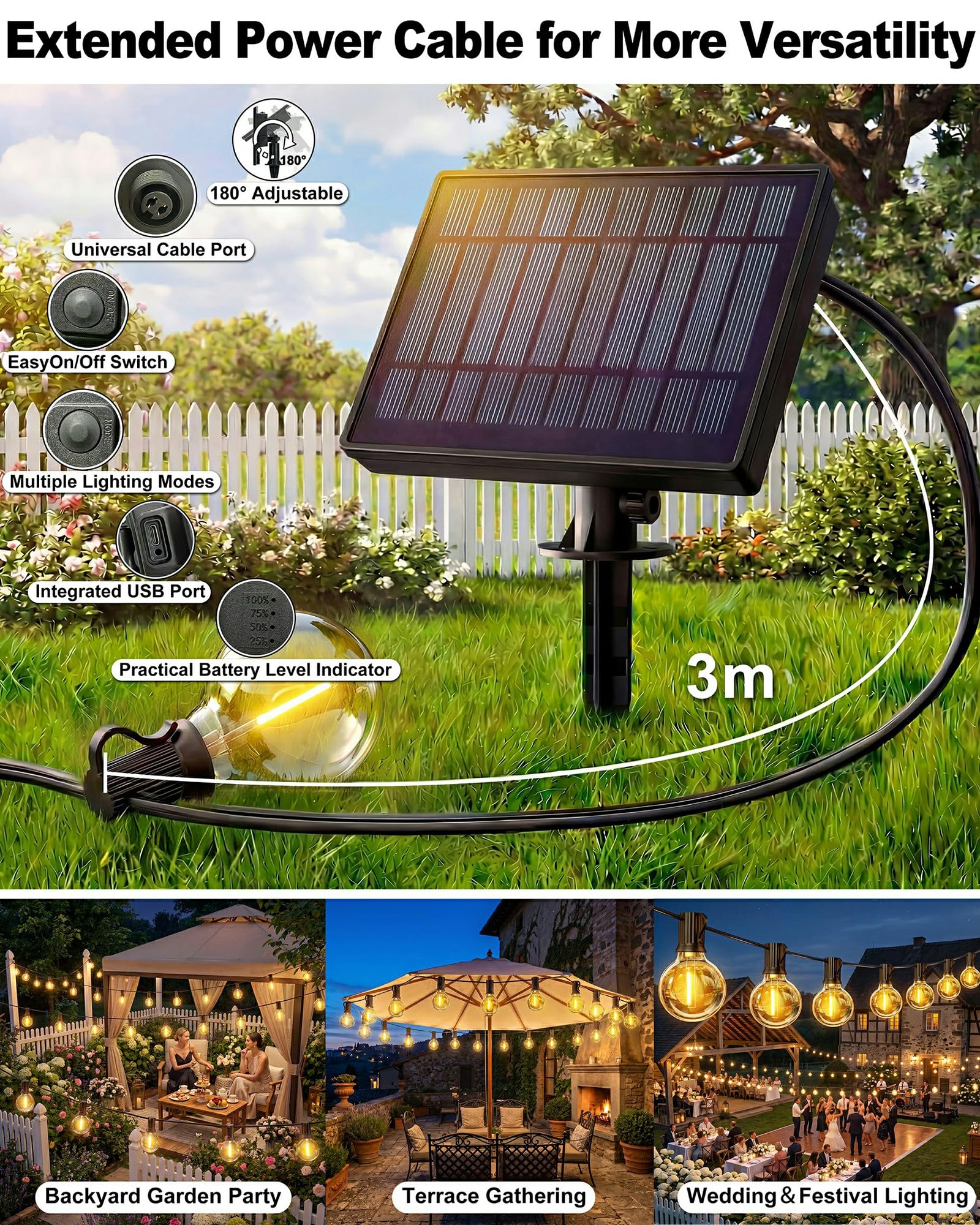 Guirlande lumineuse solaire d'extérieur 9 m à intensité variable - Résistante aux intempéries - Avec télécommande et 12 + 1 ampoule LED G40 2700 K - 3 modes - 5 minuteries - Pour balcon, jardin