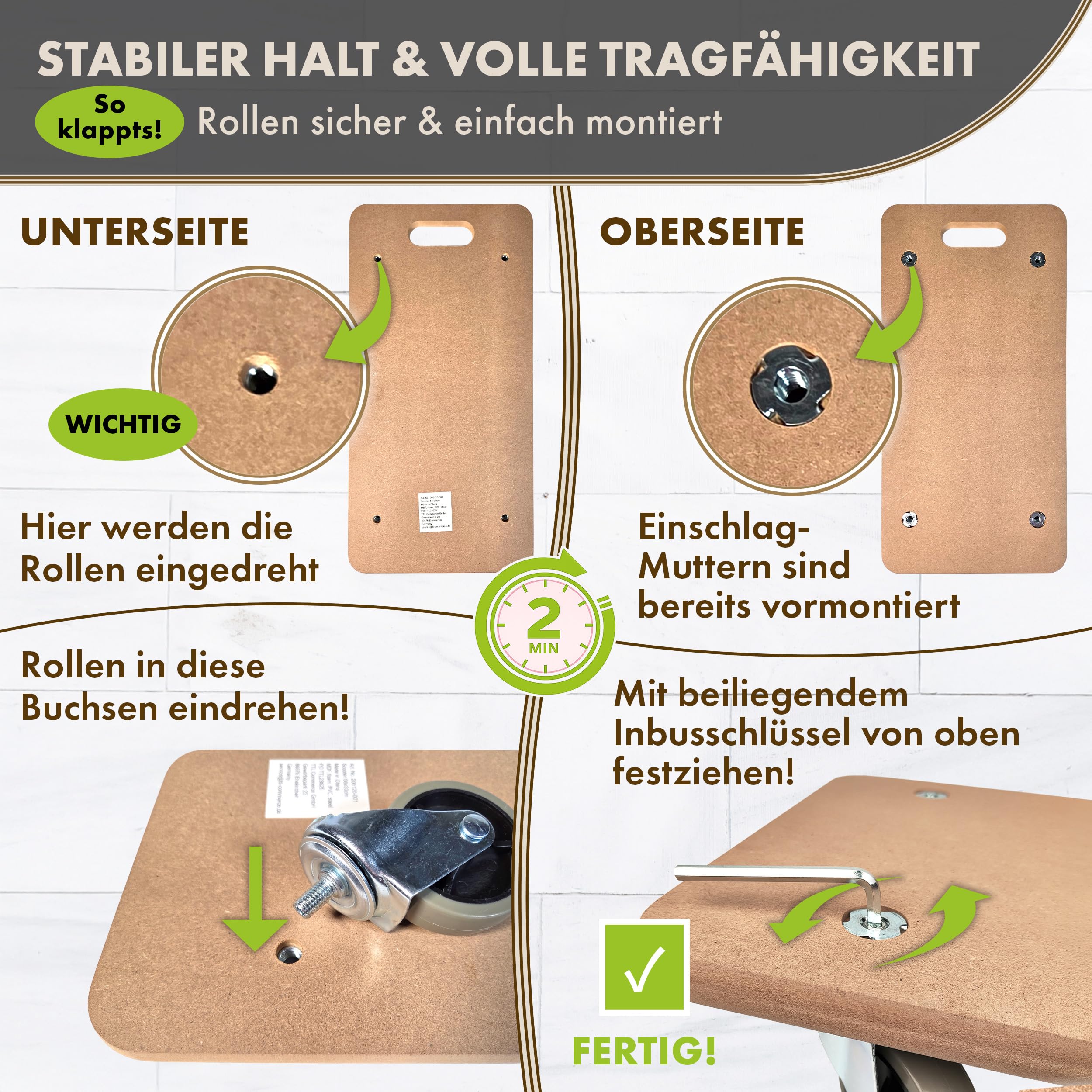 TTL Home Juego de 3 ruedas para muebles, 58 x 30 x 11 cm, carga de 250 kg, ruedas giratorias de goma 360°, ruedas giratorias y 5 almohadillas antideslizantes, carrito para objetos pesados para