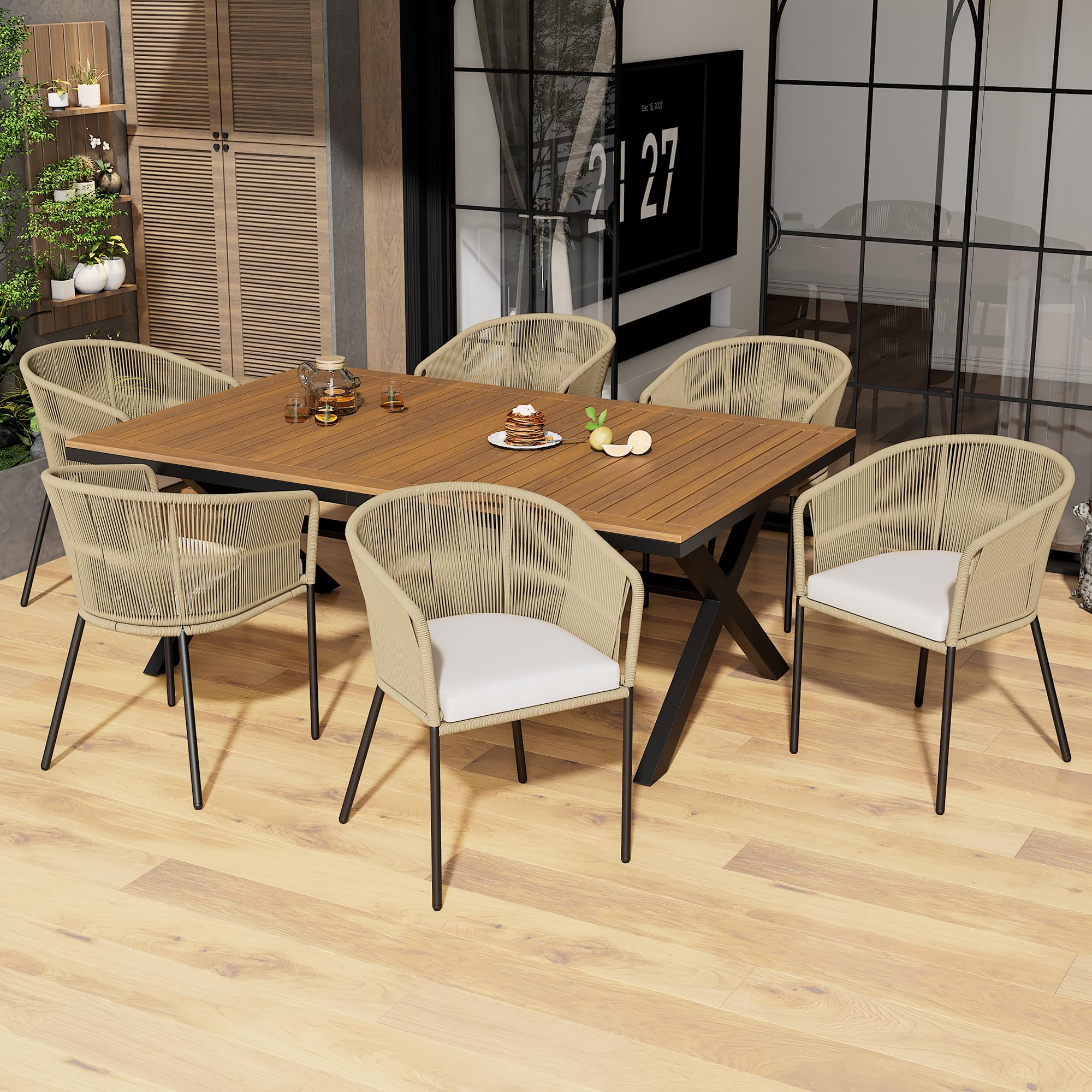 Set da Pranzo da Giardino 7 Pezzi, Set da giardino in Corda per 6 persone, 6 Poltrone e 1 Tavolo in legno di acacia, Mobili da giardino, Balcone