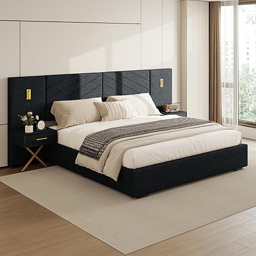 DEINPPA Luxury King Bed Frame with Built-in Gold LED Lights and Nightstands, King Size Platform Bed with Oversize Upholstered Headboard, No Box Spring Needed-Gunmetal Black