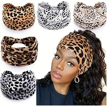 HAOYUAN Wide Headbands for Women Knotted No Slip Head Bands Soft African Turban Headband Hair Accessories Boho Leopard Print Running Sports Yoga Workout Gym Head Wraps HA9878-5 set