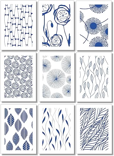 Mid Century Modern Wall Art Prints - Botanical Abstract Pattern Wall Decor - Collage Set of 9  5x7 - Unframed (Blue)