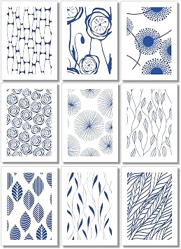 Mid Century Modern Wall Art Prints - Botanical Abstract Pattern Wall Decor - Collage Set of 9 5x7 - Unframed Blue