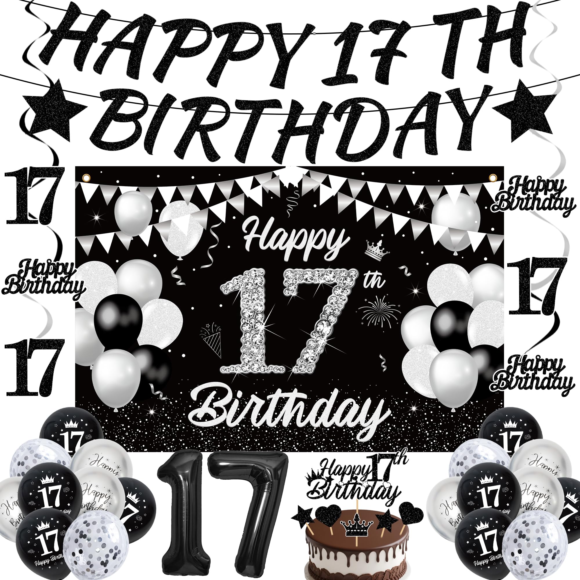 17th Birthday Decorations Boy Black - 30 Pcs Silver Party Decorations including Happy 17th Birthday Banner, Backdrop, Hanging Swirls and Number 17 Balloon for Boys 17 Years Old Party Supplies — image 1