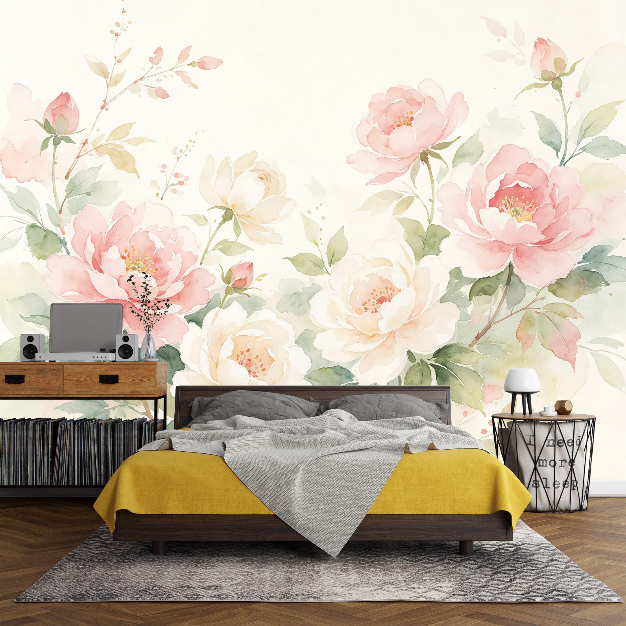 Custom Size Wall Mural， Botanical Watercolor Peony Floral Bloom Pastel Garden，SelfAdhesive Art Prints wall Fabric (No PVC) Removable Wallpaper Living Room Decor
