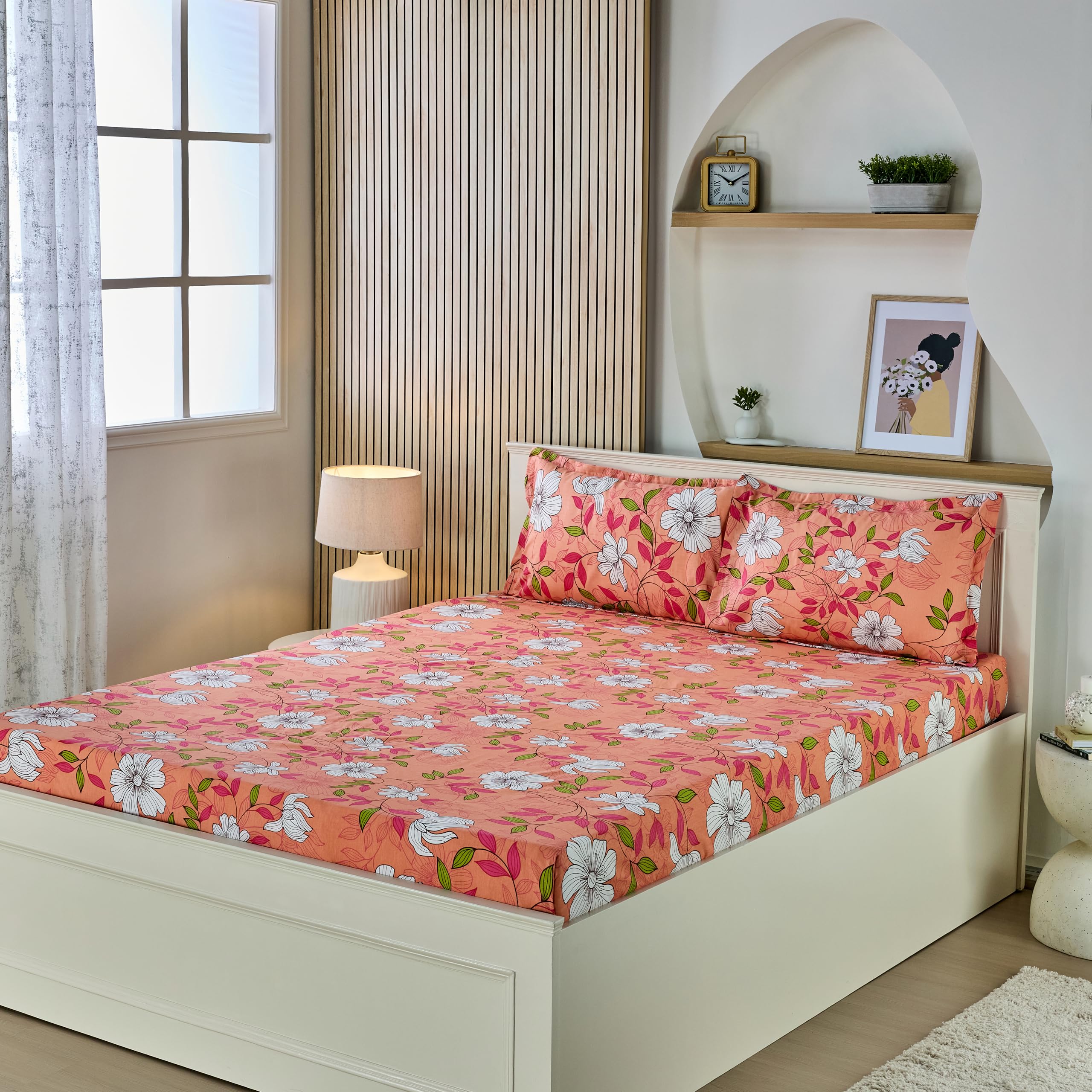 Amazon Brand - Solimo Floral 120 TC Cotton King Size Bedsheet (Pink)