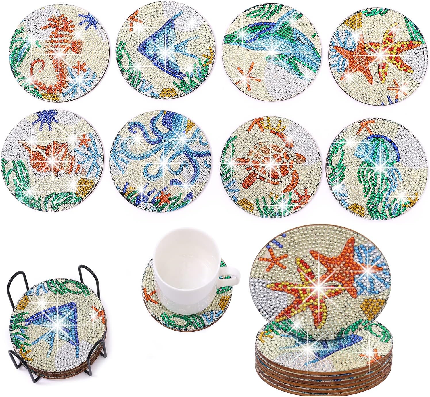8Pcs Diamond Painting Coasters Ocean Set with Holder, DIY Ocean Set