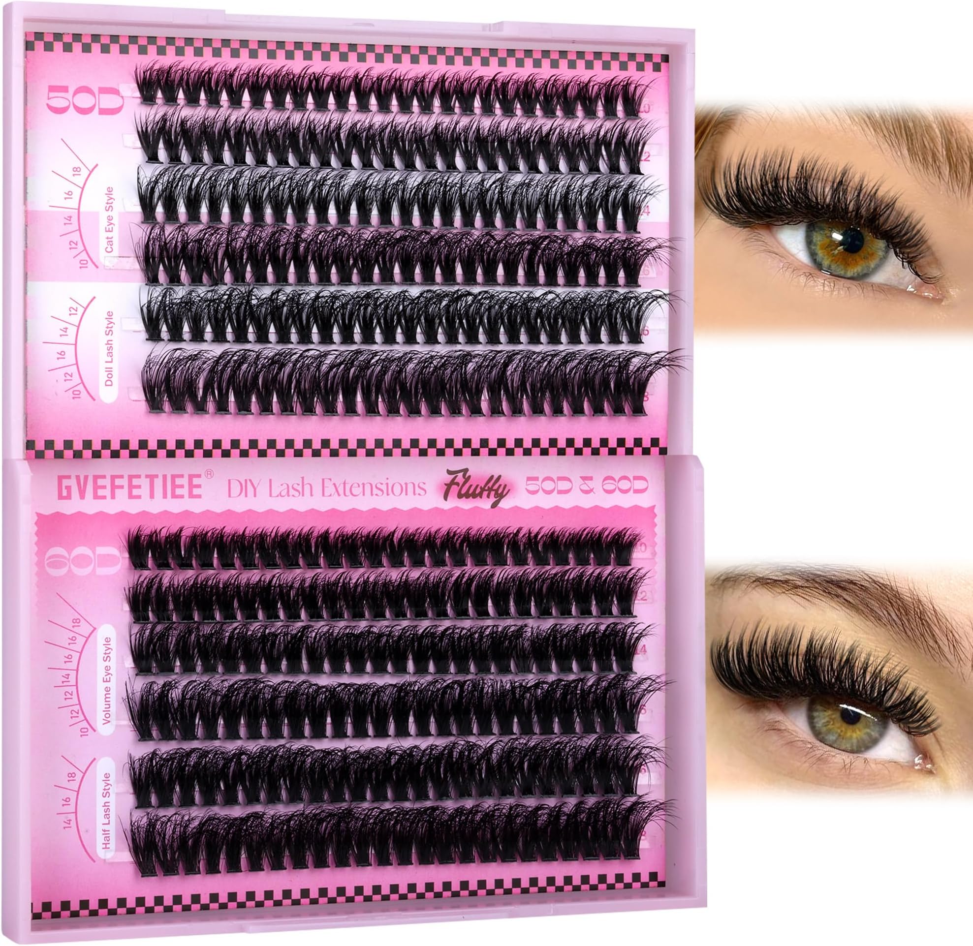 Cluster Lashes Fluffy Individual Lashes Volume Lash Extensions 50D+60D Eyelash Clusters Wispy Lash Clusters 288pcs Eyelash Extensions 10-18mm Russian Cluster Lashes by GVEFETIEE