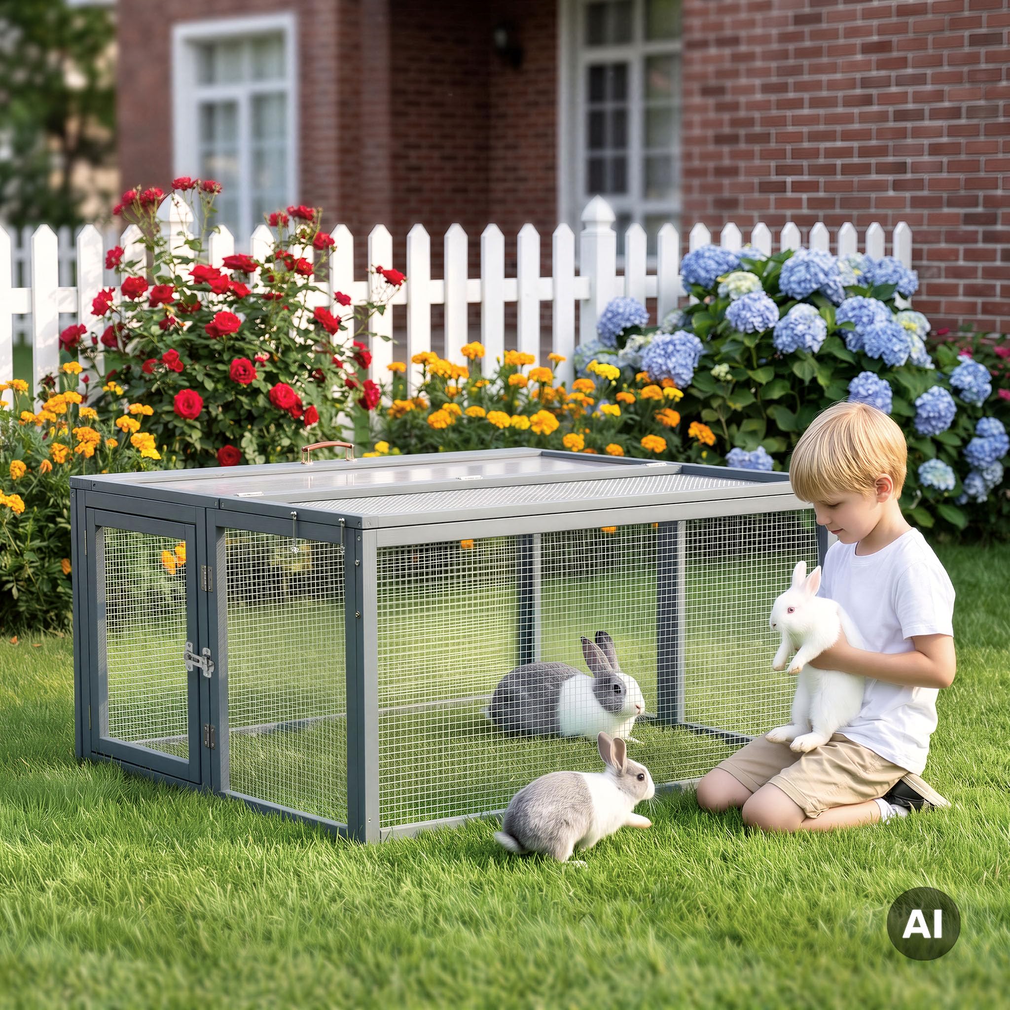 Wiltec Klappbarer Kaninchenstall Grau 109 x 93 x 54 cm, Hasenstall aus Tannenholz mit Drahtgitter, Kleintierstall Freigehege mit Tragegriff