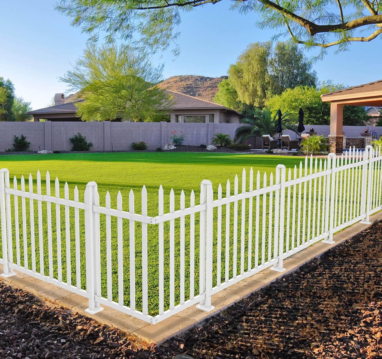 Coarbor 1 Set 84"x30" Vinyl White Picket Fence Panel PVC Garden Decorative Fence for Yard Patio Garden Deck Temporary Pet Barrier Pool(20 Pickets, Straight for Soft Ground)