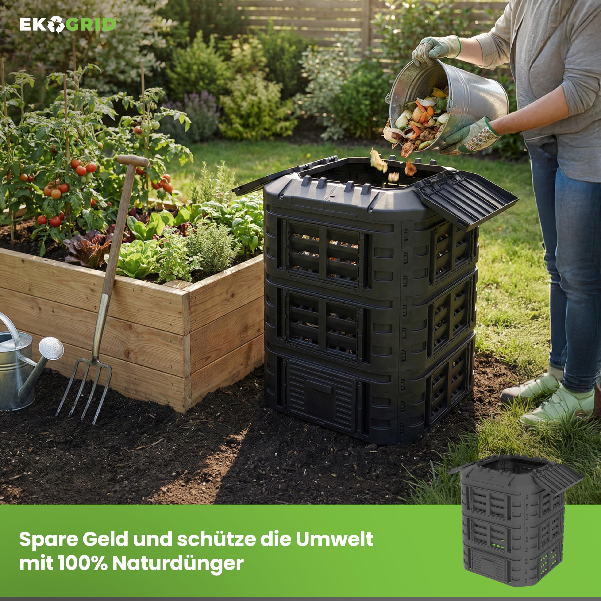 Compostador Modular para jardín EKOGRID - 860 L - Compostador con riego por Goteo y aireación - Negro