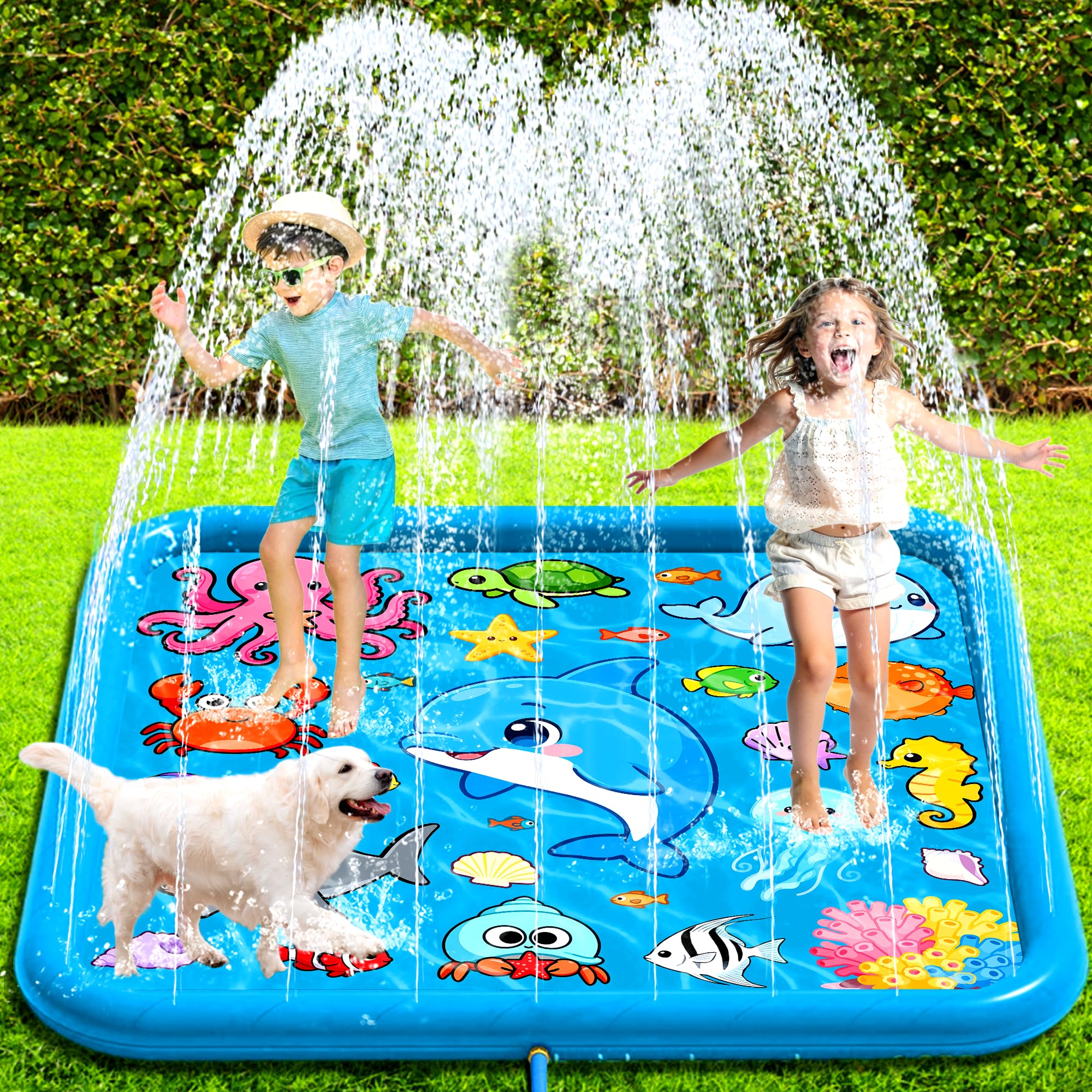 Mata Wodna Sprinkler dla Dzieci, 67"/170 cm Splash Pad Duża Nadmuchiwana Mata do Zabawy, Mata Sprinkler Basen Zraszacz Ogród, Letnie Zabawki Wodne na Plażę dla Chłopców Dziewczynek Zwierząt Domowych
