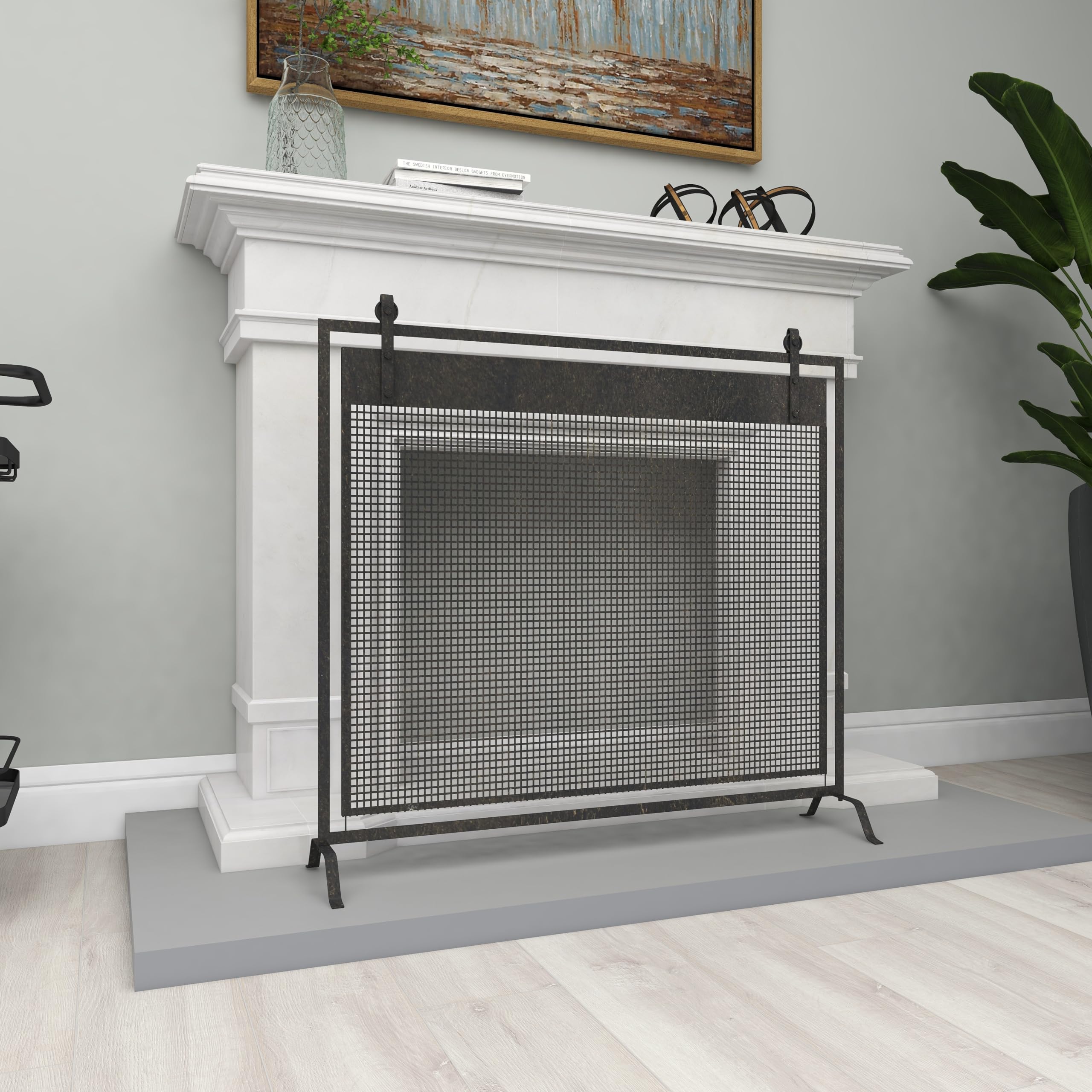 Deco 79 Pantalla para Chimenea de Panel único con Malla suspendida geométrica de Metal Estilo Rejilla con Detalles atornillados, 38" x 9" x 35", Negro