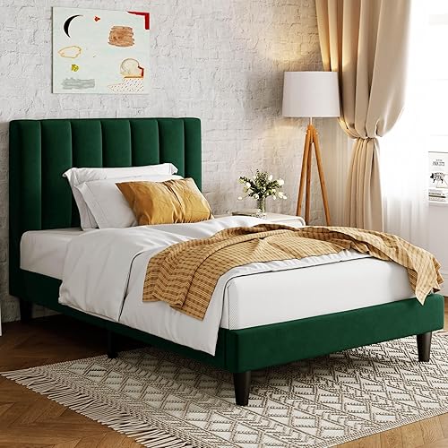 Miniatura 39 de Allewie - Base de cama tapizada en terciopelo, cabecera capitoné de canales verticales, listones de madera reforzados, opción de somier, fácil de