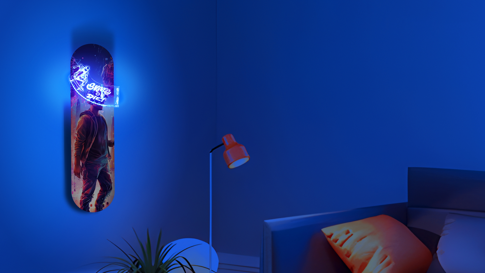 Acrylic skateboard display mount with integrated LED lighting system for wall art