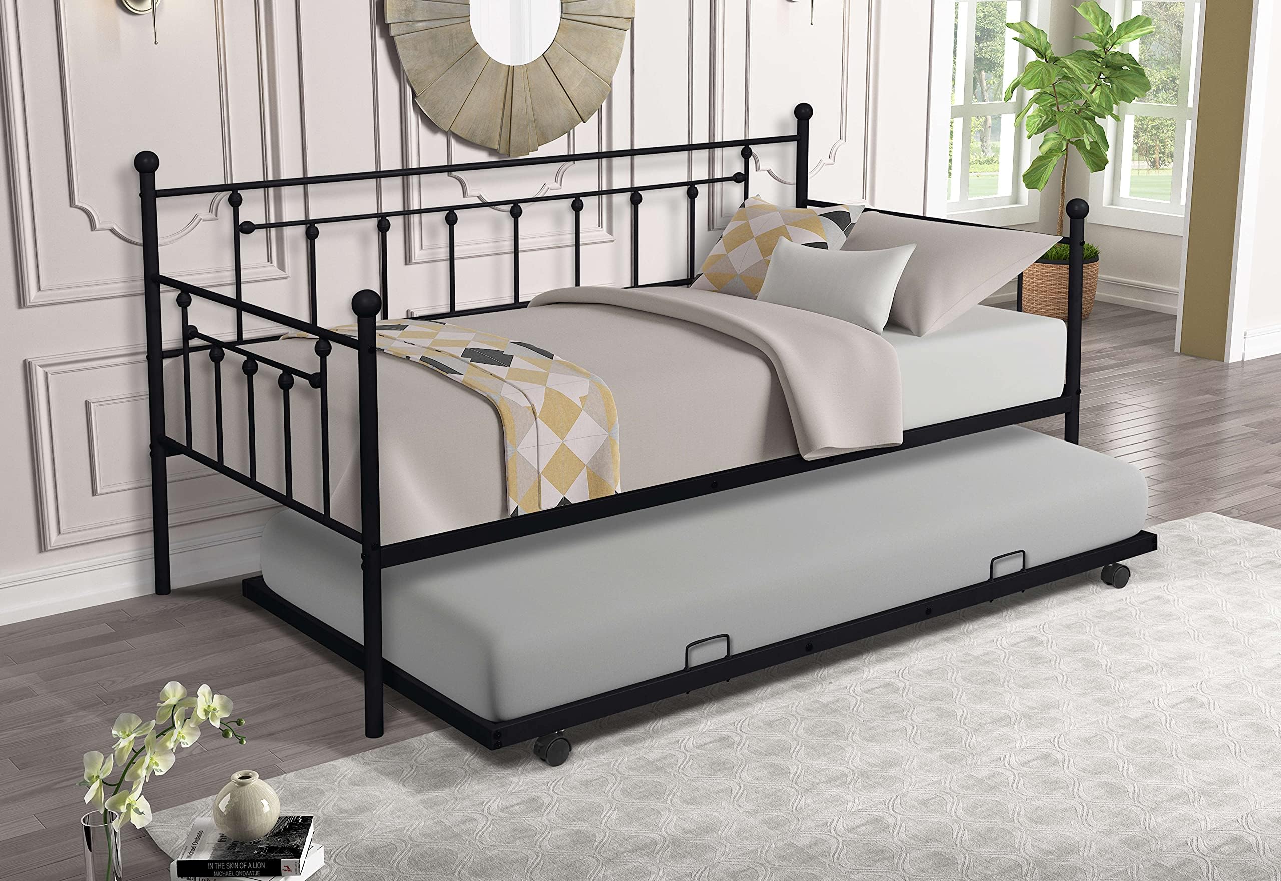 Twin Size Metal Frame Daybed with Pullout Trundle,Heavy Duty Steel Slat Support Sofa Bed for Guest,No Spring Box Needed,Black
