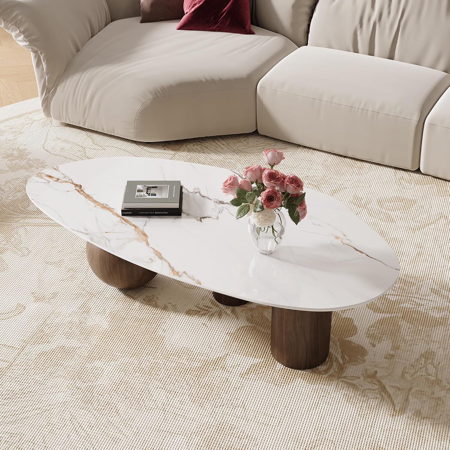 54" Modern Oval Coffee Table for Living Room, Unique Textured Sintered Stone Top & 3 Metal Legs with Wood Grain Finish, Minimalist Chic Living Room Center Table for Home Office