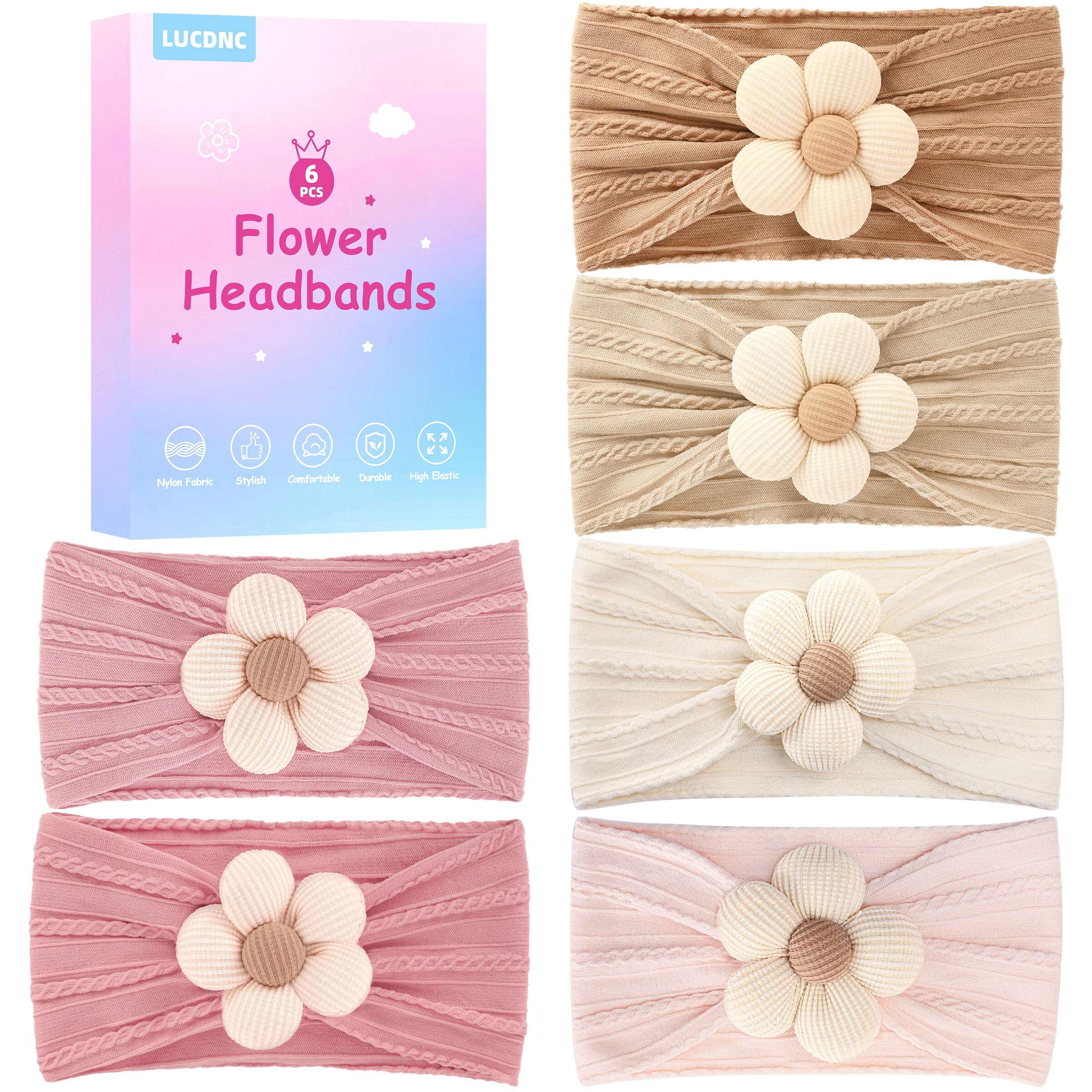 lucdnc 6 piezas diademas para bebés niñas regalos para recién nacidos bebés niños pequeños hechos a mano suave cómodo elástico nailon bebé flores diademas accesorios esenciales
