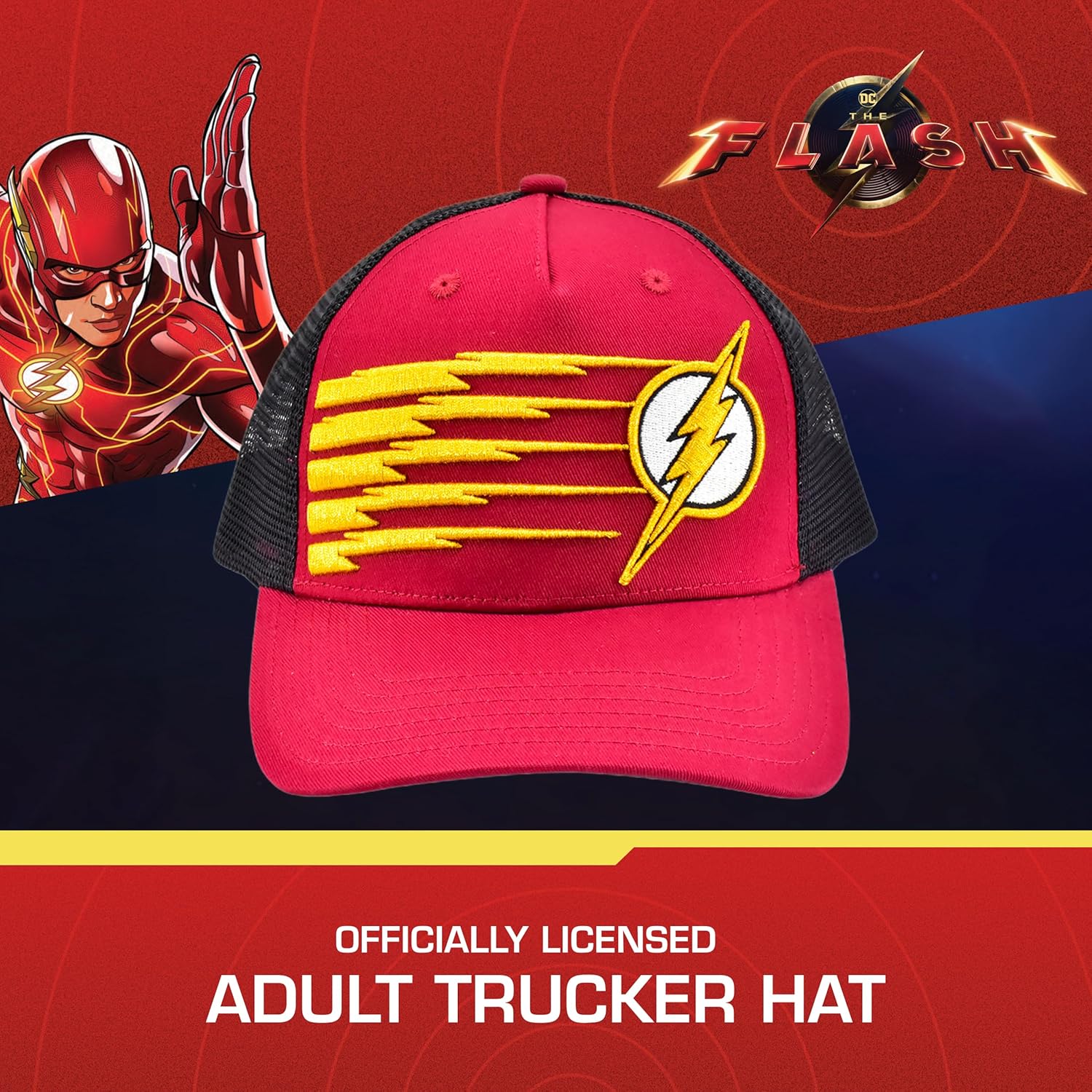 DC Comics The Flash Trucker Hat, Adult Adjustable Snapback Baseball Cap with Curved Brim for Men and Women, Red, One Size - Image 2