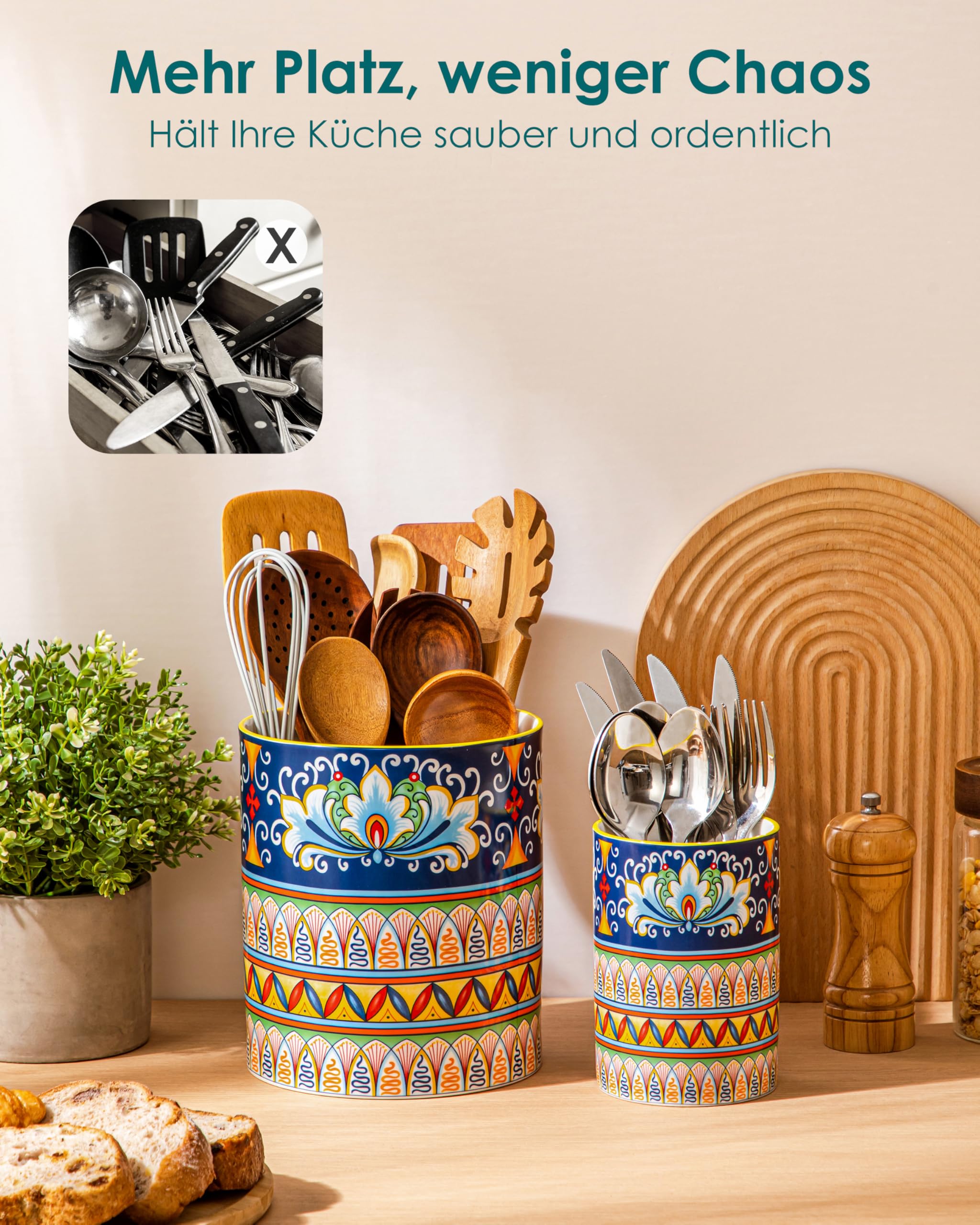 vancasso 2-tlg Küchenutensilienhalter, 18,6 cm + 14 cm Keramik Utensilienhalter im Boho-Stil, Behälter für Küchenutensilien, Kitchen Utensil Holder für Spatel & Löffel, Zenit-Harmonie