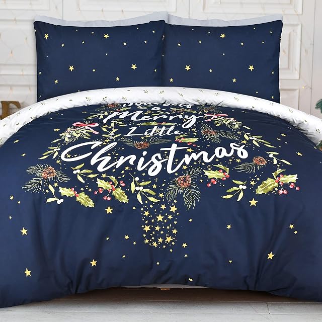 Sleepdown Merry Christmas Holly Tree Navy White Reversible Duvet Cover Quilt Bedding Set with Pillowcase Soft Easy Care Bed Linen - Single (135cm x 200cm), 5056557512706, Blue