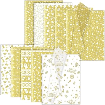 Larcenciel 100 Sheets Christmas Tissue Paper, Metallic Gold Xmas Tissue Paper for Gift Bags & Gifts Wrapping, Santa Claus Reindeer Art Packaging for Holiday New Year Birthday Party Crafts,19.7x13.8 in