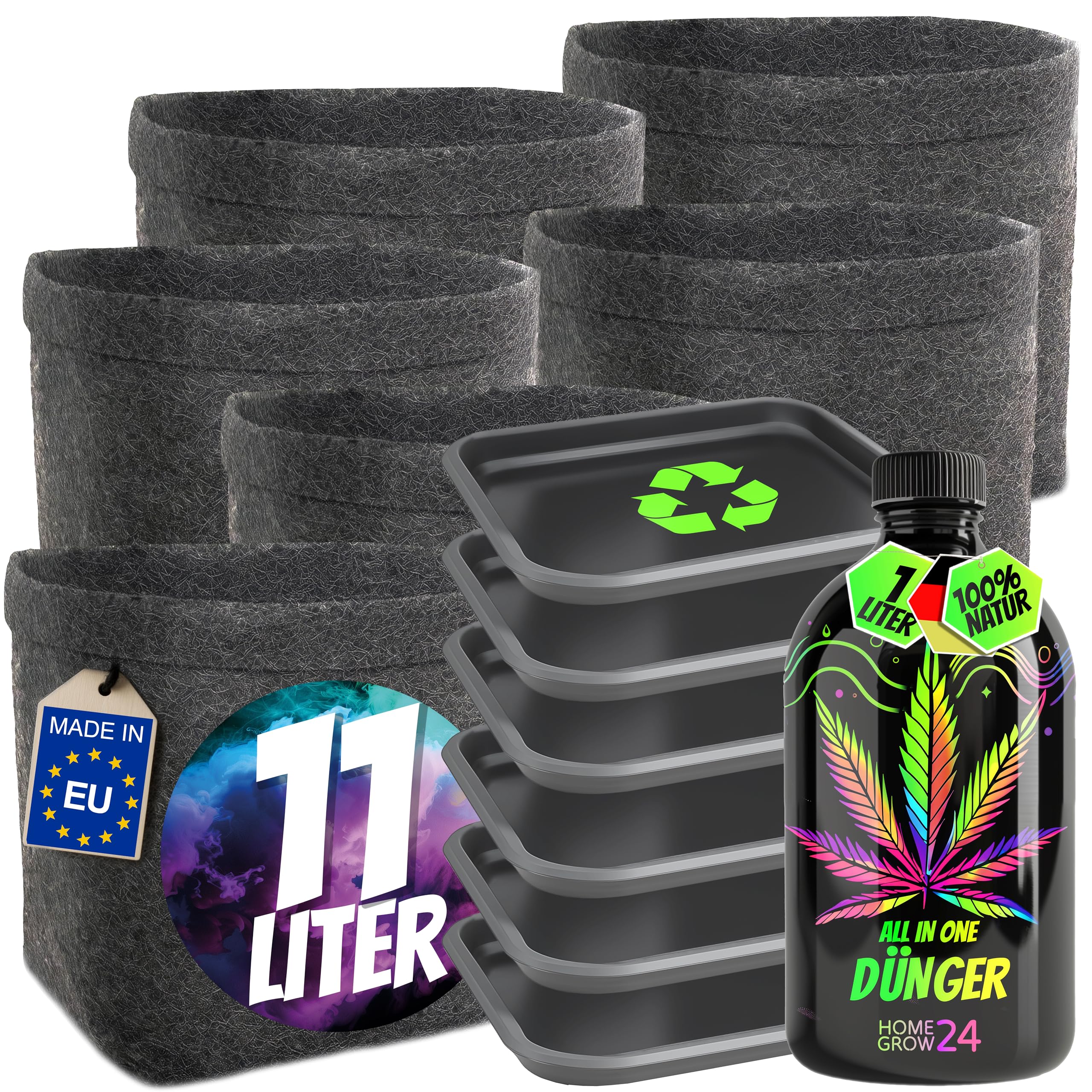 Homegrow24 Cannabis Dünger Indoor & Outdoor für Cannabispflanzen Wachstumsphase und Blütephase BIOlogischer organischer Grow & Bloom Hanfdünger I Set (6 Filztöpfe & Untersetzer + 1000ml Dünger)