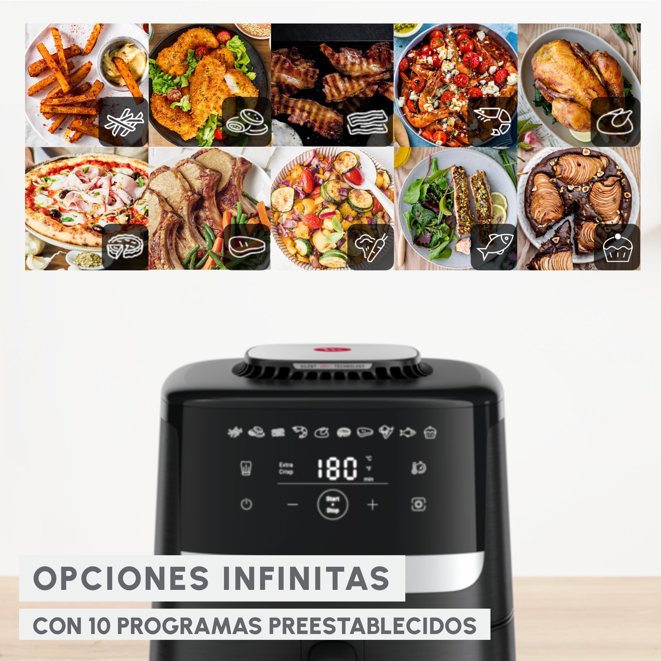 Moulinex Easy Fry Silence, freidora de aire, Cesta de Almacenaje 5L, Tecnología Silenciosa, Sistema de Limpieza y Almacenamiento Fácil, 10 programas, Negra, EZ5528F0