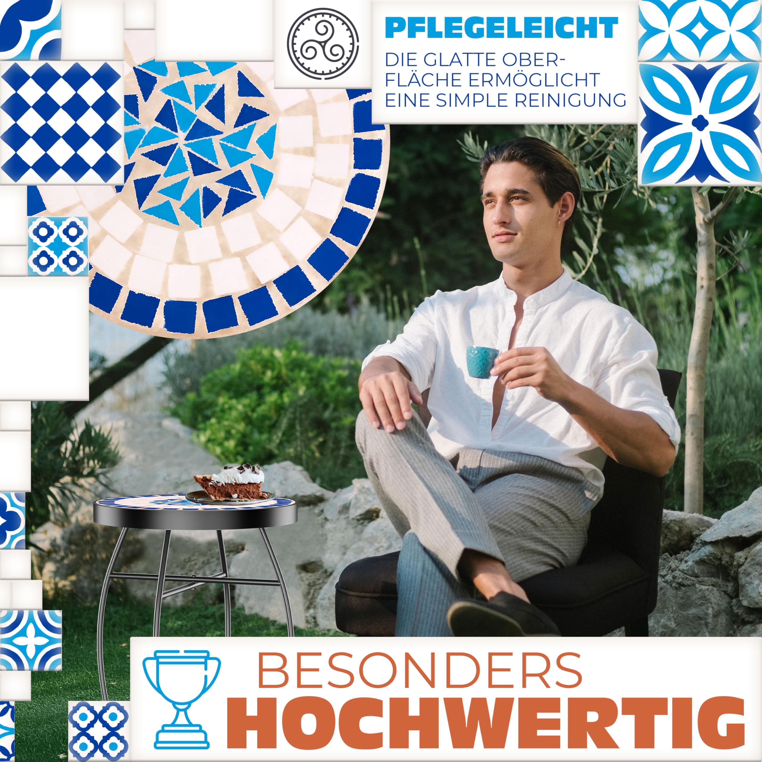 KESSER® Mosaiktisch Bistrotische Blumenhocker Rund 60 x 34 cm Metall Mosaik Beistelltisch Balkontisch Gartentische Terrassentisch Balkon Steinmosaik Garten Gartentisch Indoor Outdoor, Peripou