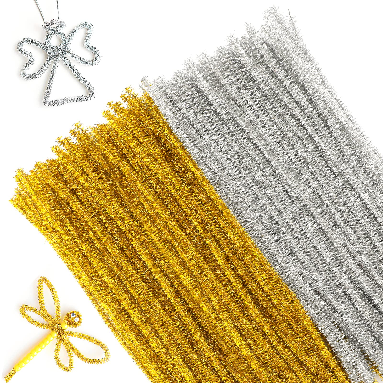 G2PLUS Gold and Silver Glitter Pipe Cleaners, 100PCS Sparkly Pipe Cleaners for Craft, 30CM Christmas Pipe Cleaners, 6mm Glitter Craft Pipe Cleaners for DIY Craft Projects, Christmas Ornament Making
