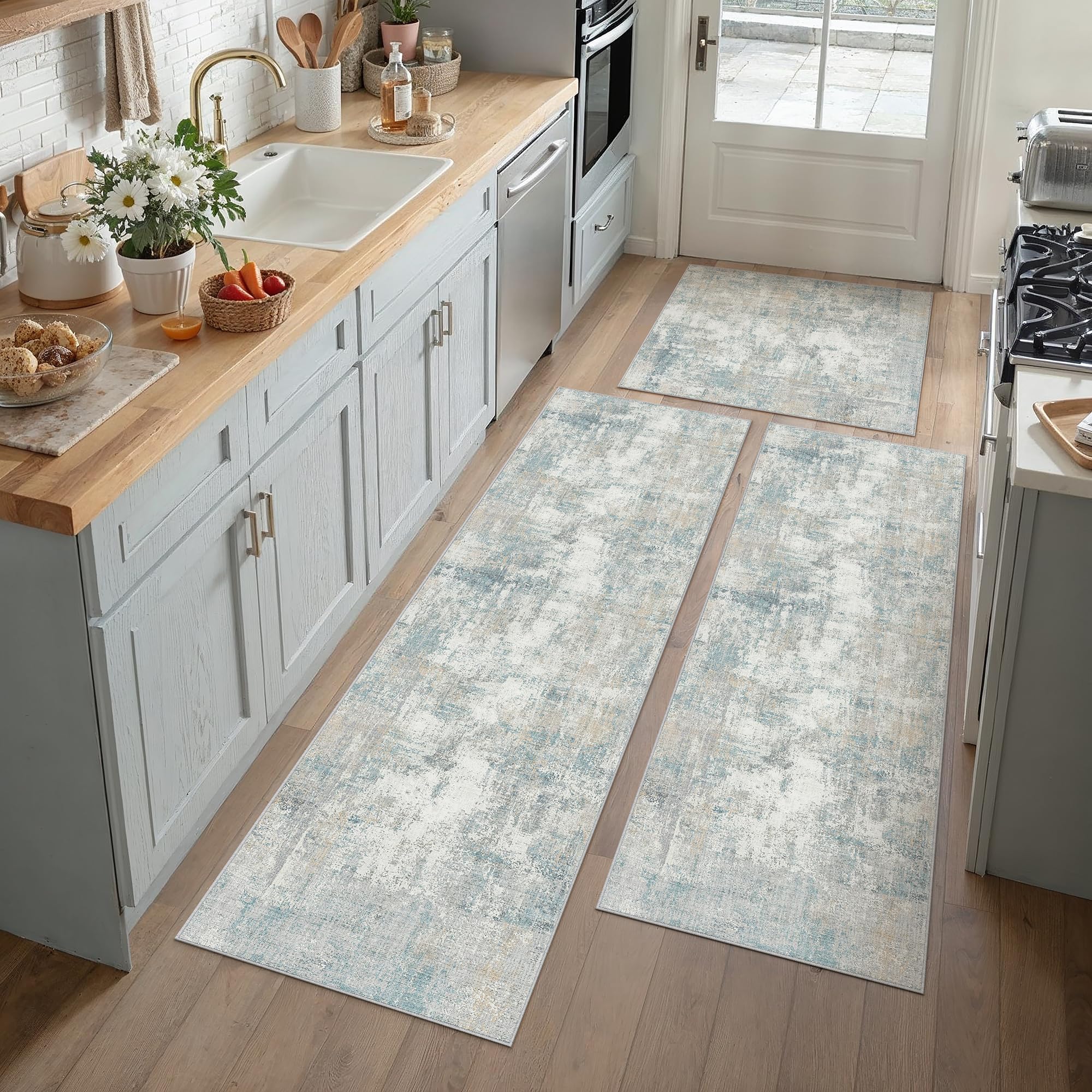 Washable Blue Cream Neutral Kitchen Runner Rug Set of 3