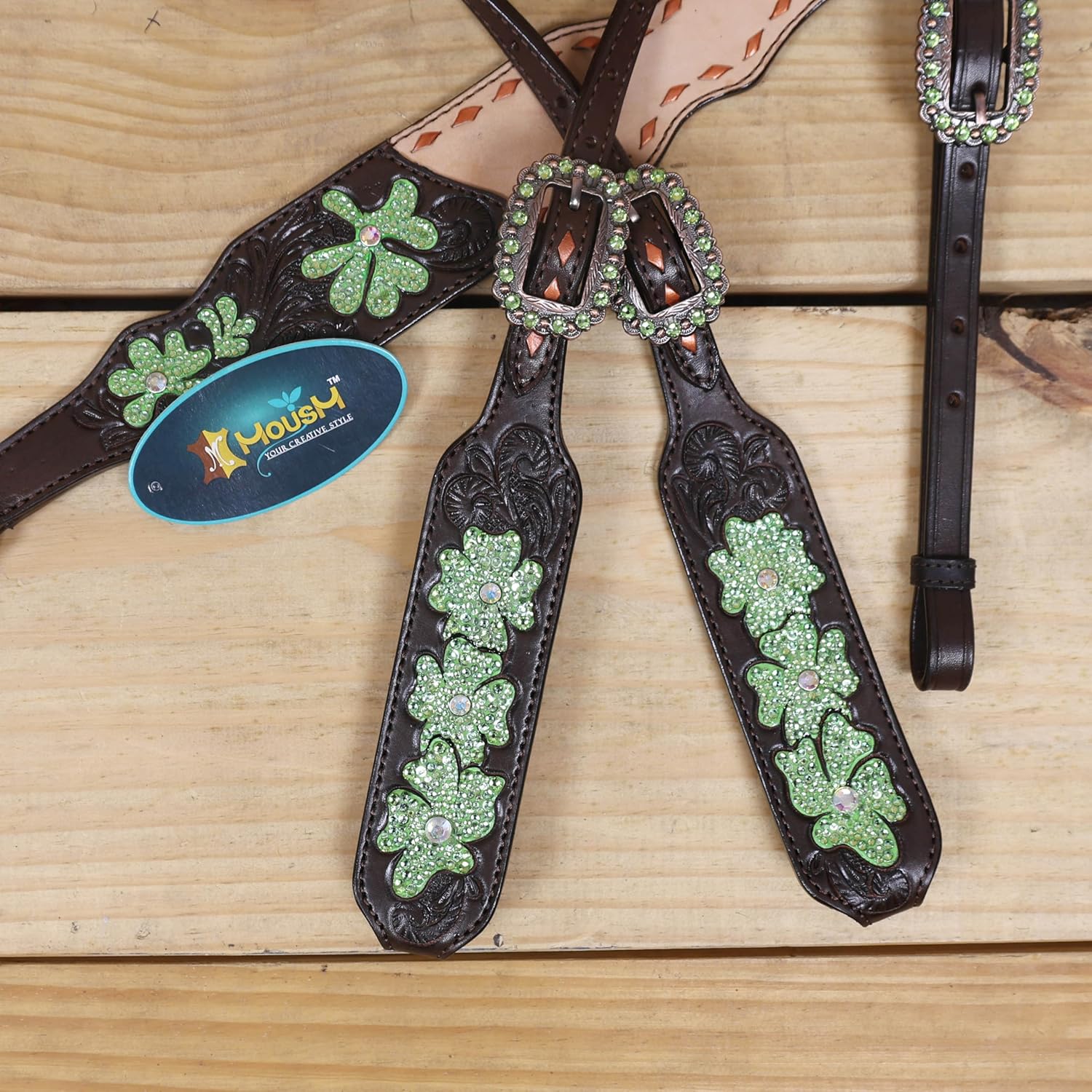 Western Leather Headstall and Breast Collar Tack Set, Hand Carving with Copper Buck Stitching and Flower Accents with Lime Green Stones, Argentina Cow Leather