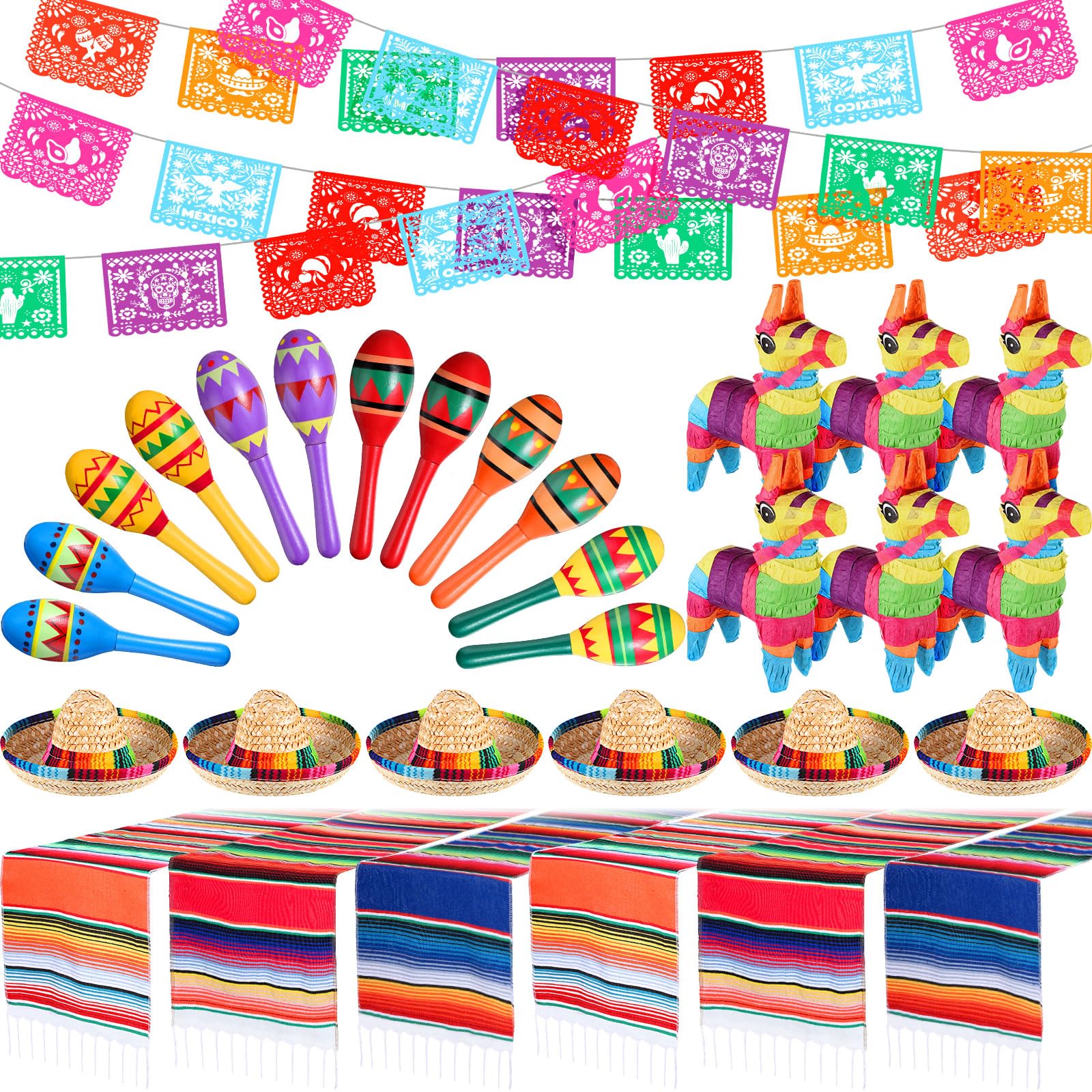 Hungdao 36 Pcs Mexican Party Decorations Include 6 Donkey Pinatas 12 Large Fiesta Maracas 6 Mexican Sombrero Hats 6 Mexican Serape Table Runners 6 Mexican Party Banners for Mexican Decorations Favors
