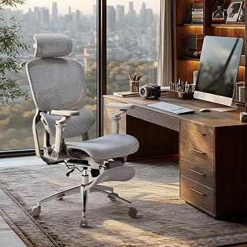 Furmax Ergonomic Office Chair, High Back Executive Chair with Heated Massage Lumbar Support, 6D Armrests, Adjustable Headrest & Footrest, Breathable Full-Mesh Design, Gray
