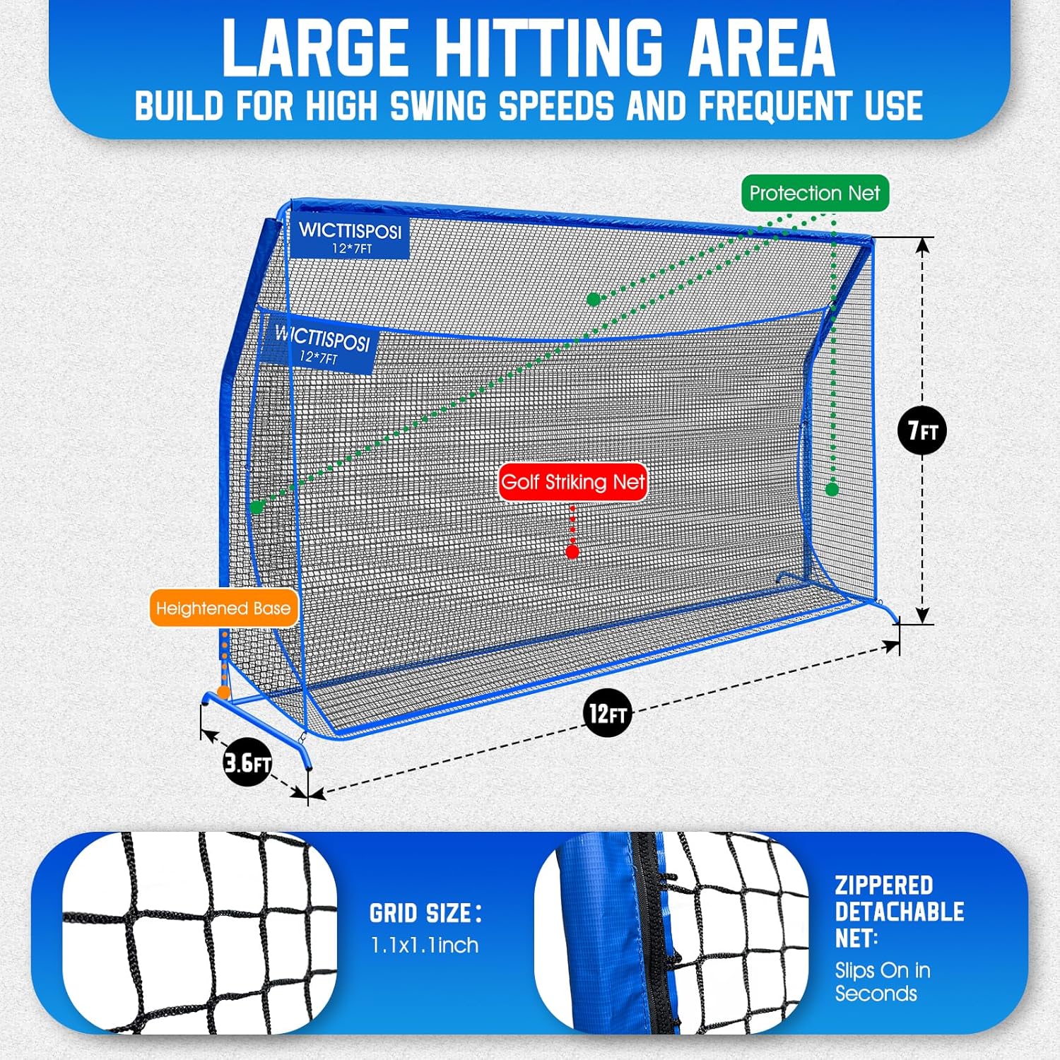 Golf Hitting Net with Extra Striking Net, 12/10/7x7ft Heavy Duty Golf Practice Nets for Golfers Backyard Driving Swing, Golf Impact Cage Metal Frame with Storage Bag& Elevated Base, Indoor Outdoor Use