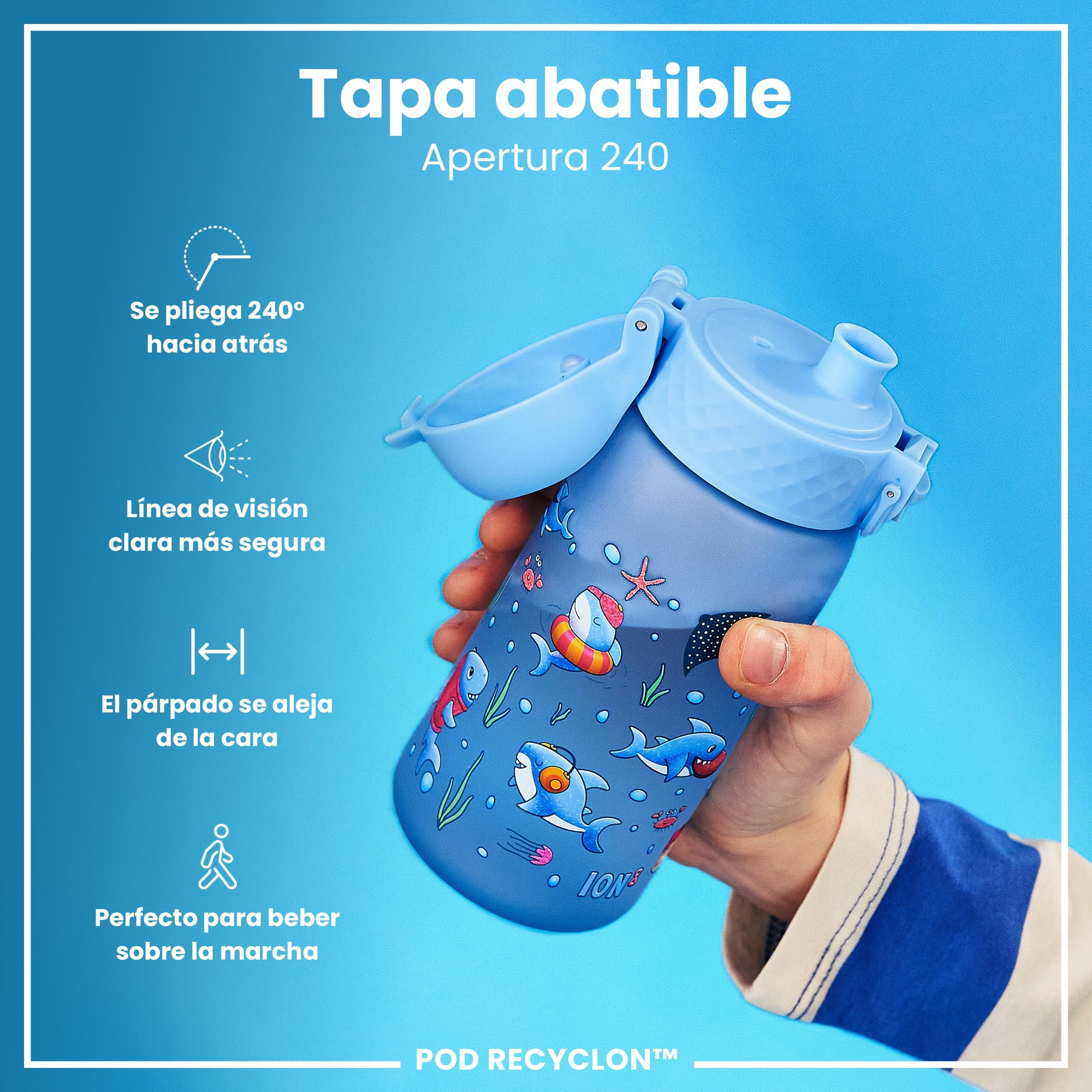 ION8 Botella de Agua para Niños, 350ml, a Prueba de Fugas, Fácil de Abrir, Cerradura Segura, Apta para Lavavajillas, Sin BPA, Asa de Transporte, Fácil de Limpiar, Neutro en Carbono, Tiburones
