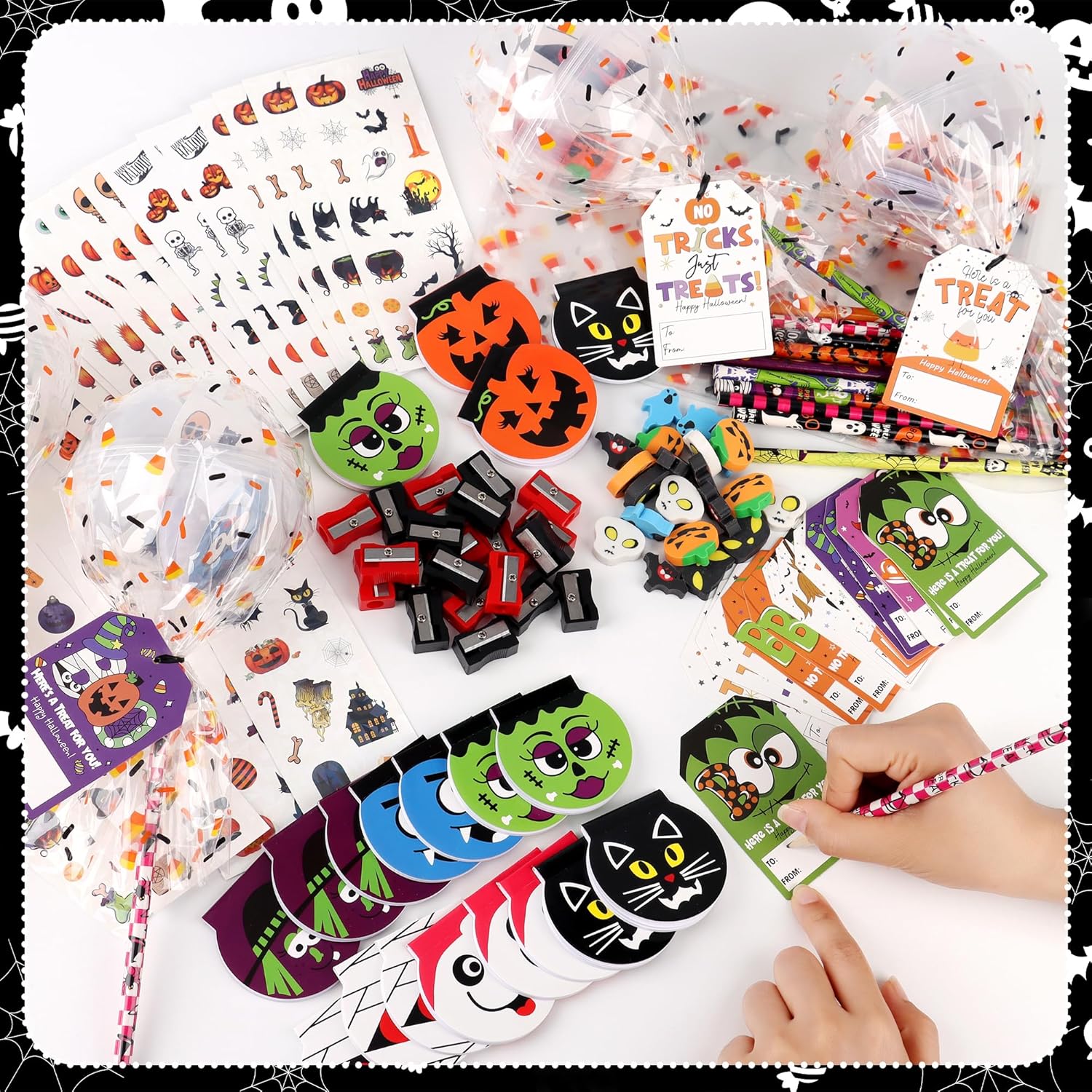 POPGIFTU 28 Pack Non-Candy Halloween Party Favors Bulk-Giant Lollipop Stationery Goodie Bags Kit for Kids, School Classroom Gift, Trick or Treat, Includes Pencils Stickers Erasers Notepads Sharpeners