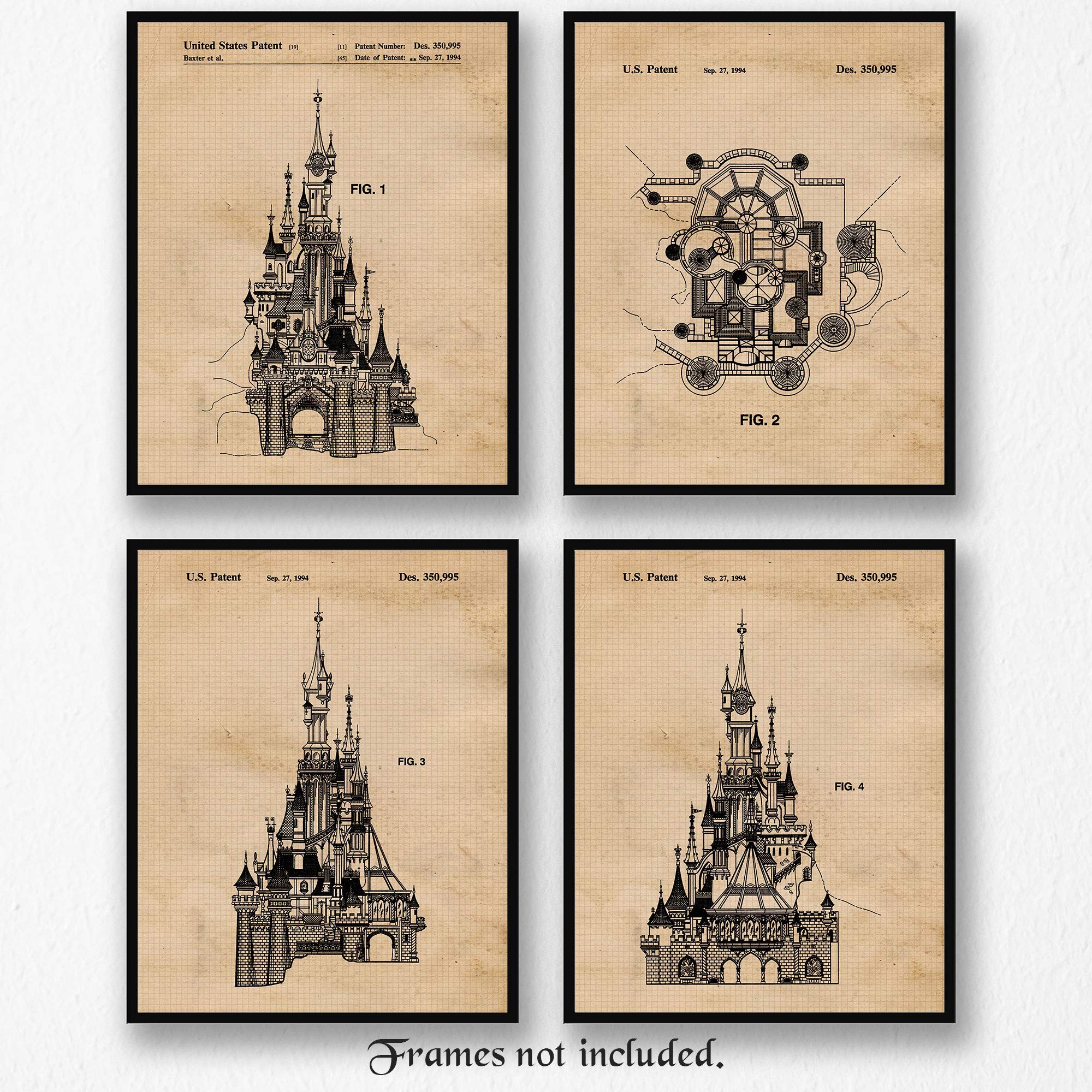 Classic Castle Patent Prints, 4 (8x10) Unframed Photos, Wall Art Decor Gift for Home Disney Office Work Garage School Student Teacher Amusement Park Sleeping Beauty Medieval Architecture Design