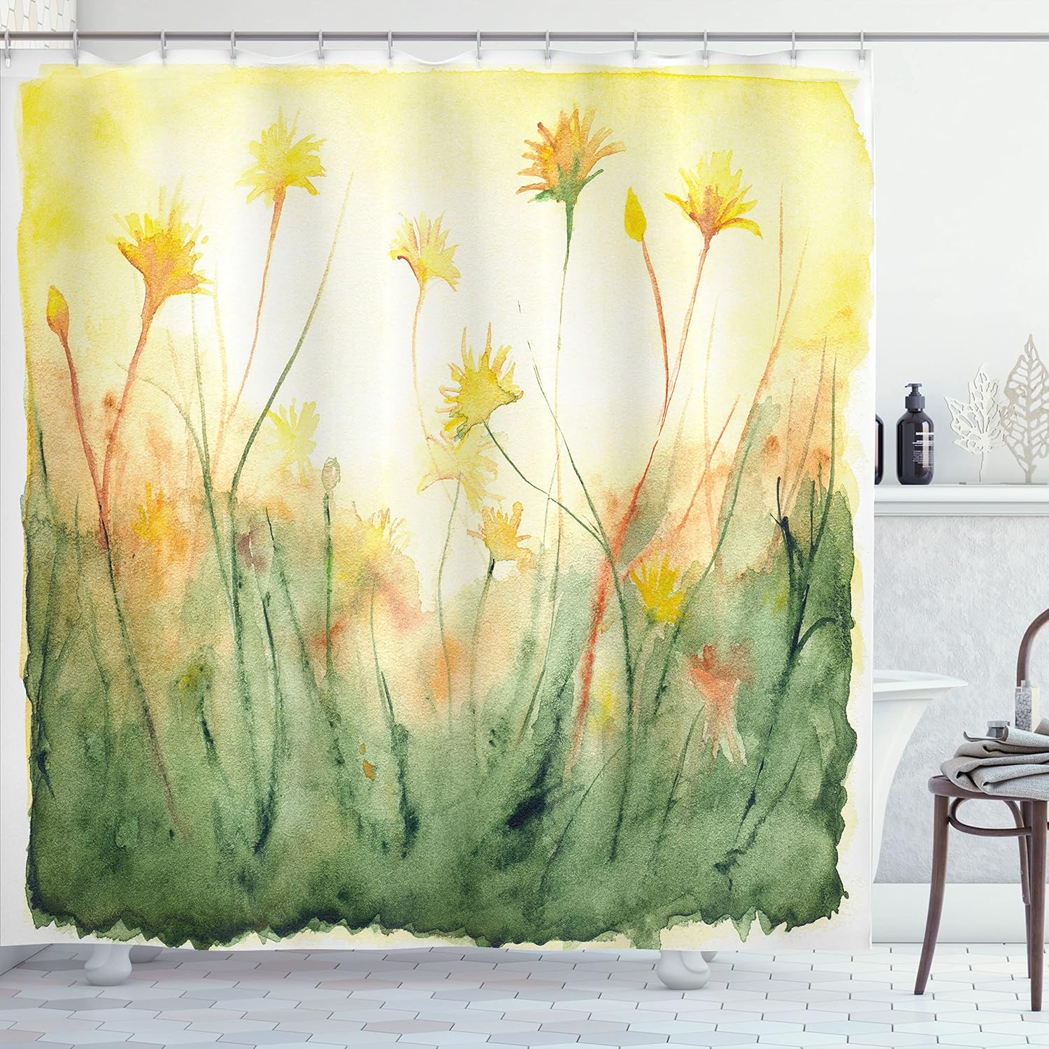 Ambesonne Landscape Shower Curtain, Watercolors Dandelion Flowers Field Sunlight Botanical Garden Eco Illustration, Cloth Fabric Bathroom Decor Set with Hooks, 69" W x 70" L, Yellow Green