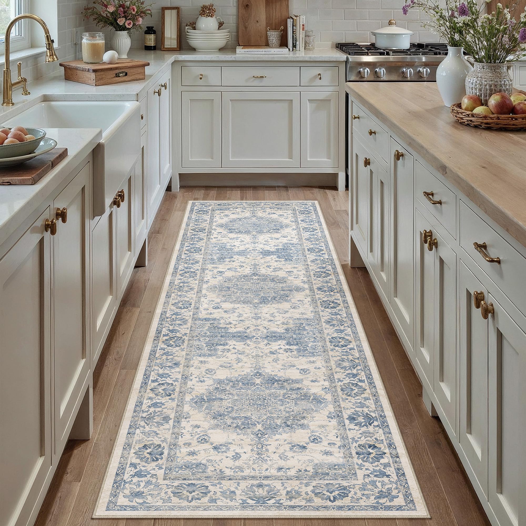 PureCozy Runner Rugs for Hallway 60x240cm Long Vintage Area Rug Washable Non Slip Oriental Medallion Printed Blue Carpet for Lounge Bedroom Kitchen Bedside Office Corridor Porch Indoor Deocor